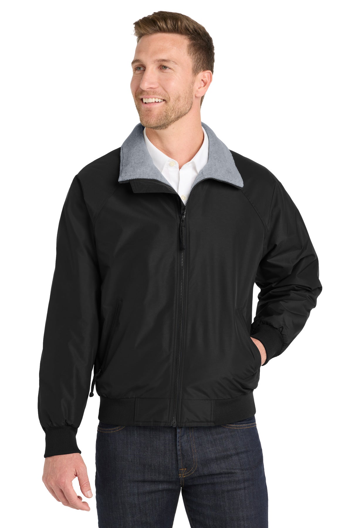 Custom True Black/ Grey Heather Challenger Jacket J754, personalized by SanCanDo Swag in Argyle, TX