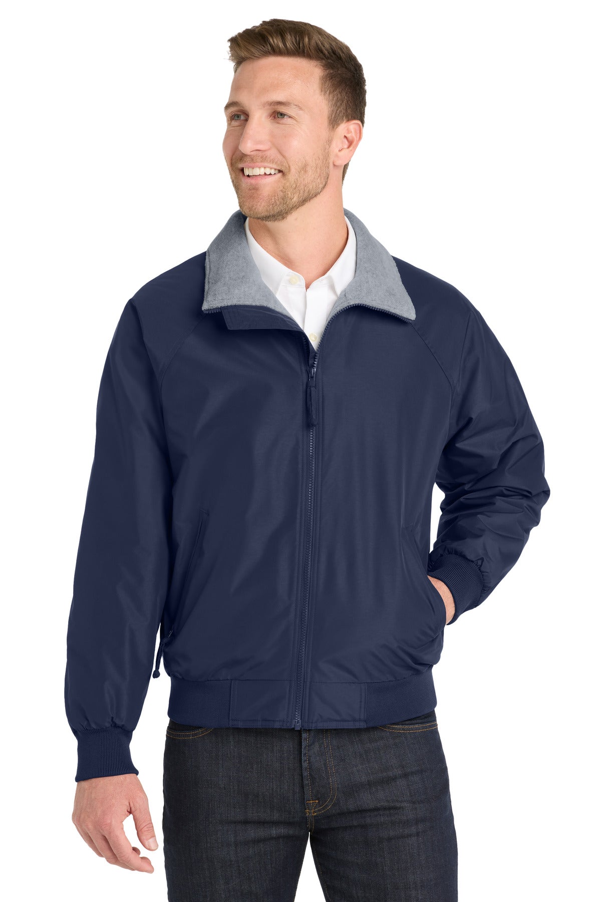 Custom True Navy/ Grey Heather Challenger Jacket J754, personalized by SanCanDo Swag in Argyle, TX