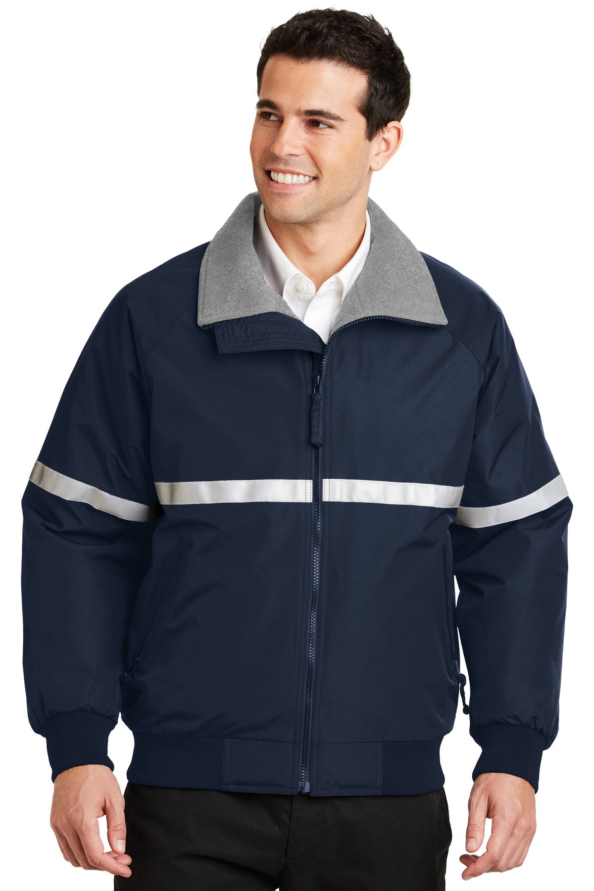 Custom True Navy/ Grey Heather/ Reflective Challenger Jacket with Reflective Taping J754R, personalized by SanCanDo Swag in Argyle, TX