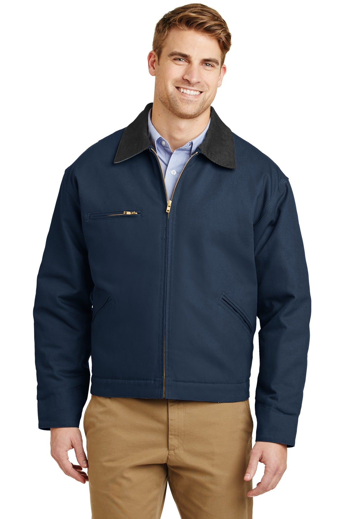 Custom Navy/ Black Duck Cloth Work Jacket J763, personalized by SanCanDo Swag in Argyle, TX