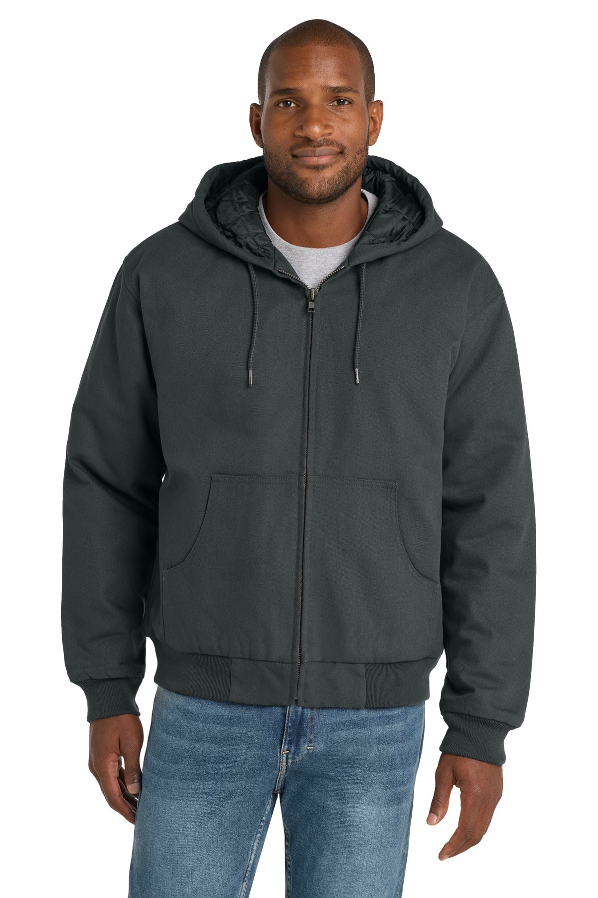 Custom Charcoal Duck Cloth Hooded Work Jacket J763H, personalized by SanCanDo Swag in Argyle, TX