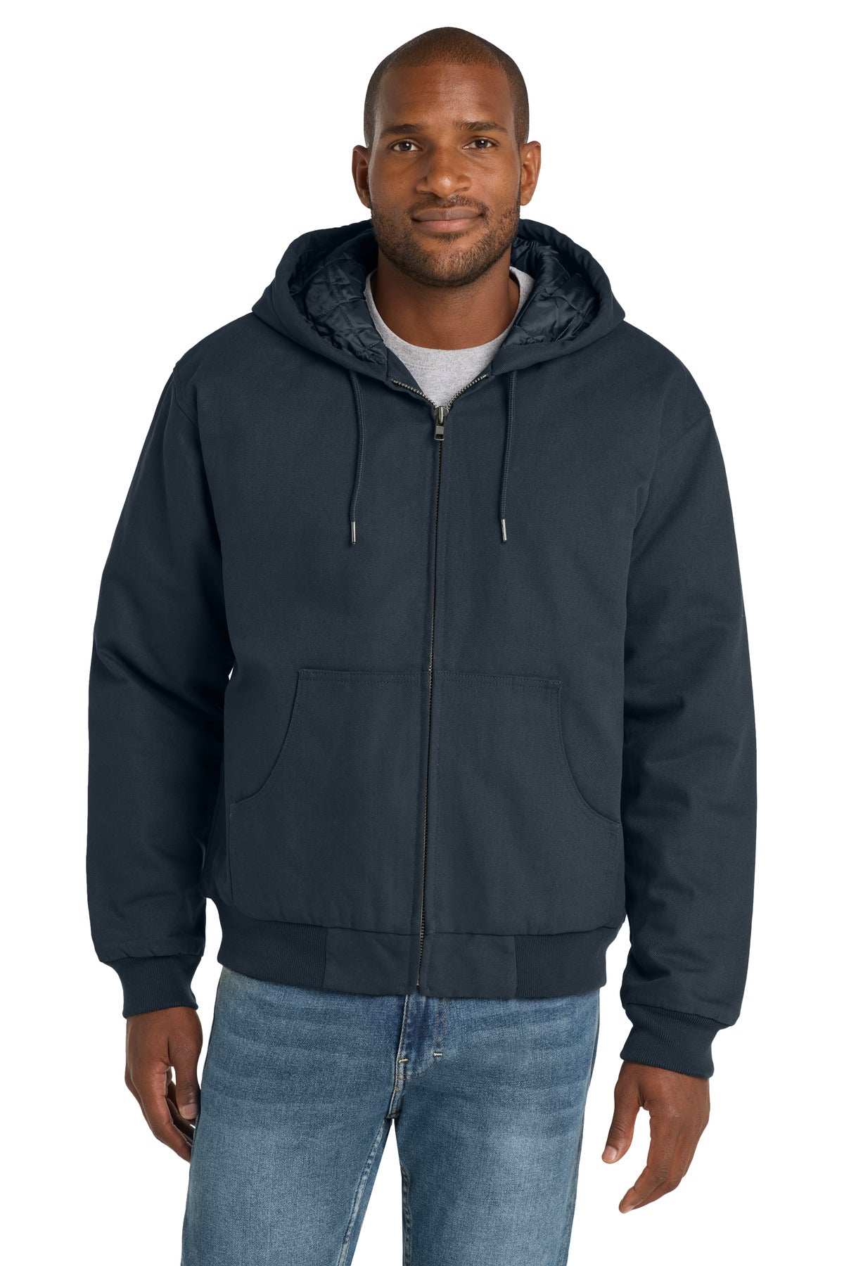 Custom Navy Duck Cloth Hooded Work Jacket J763H, personalized by SanCanDo Swag in Argyle, TX
