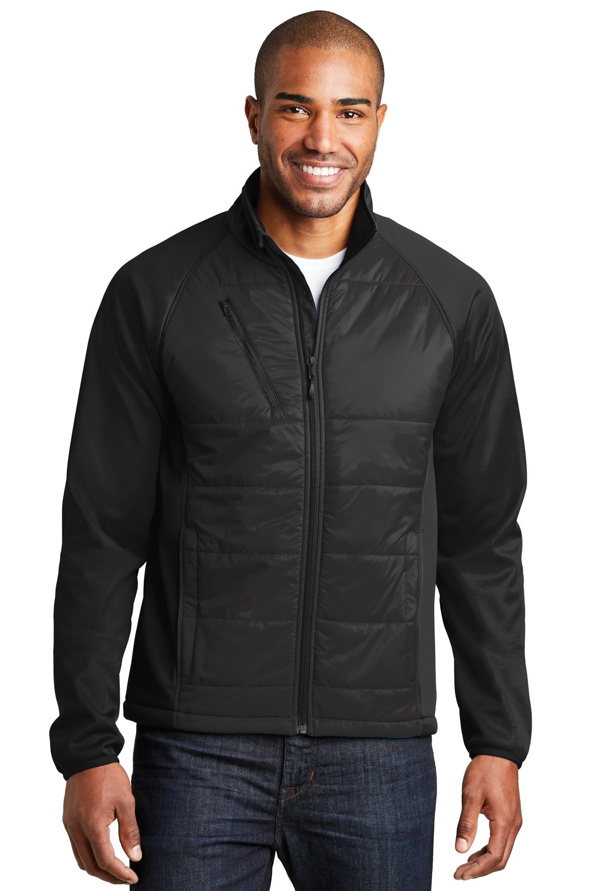 Custom Deep Black Hybrid Soft Shell Jacket J787, personalized by SanCanDo Swag in Argyle, TX
