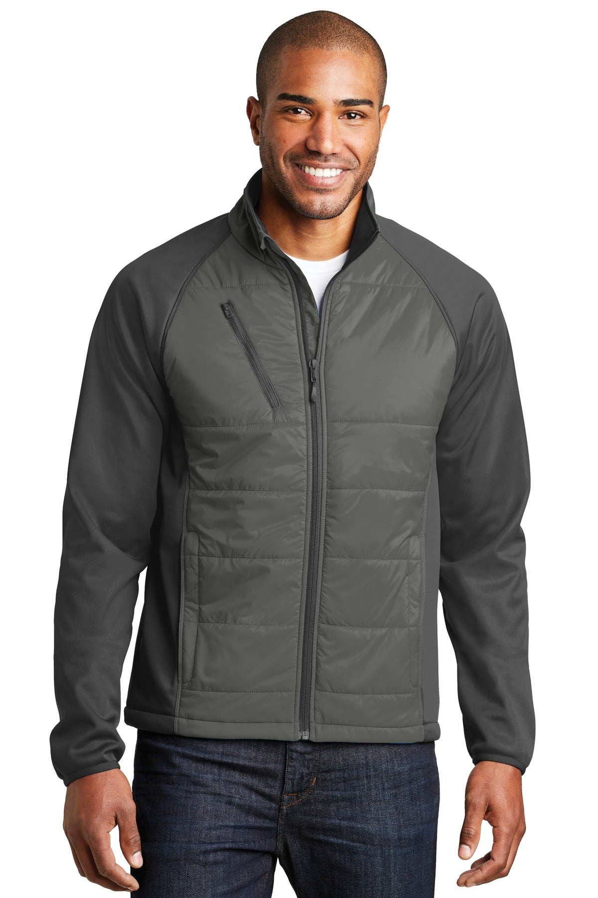 Custom Smoke Grey/ Grey Steel Hybrid Soft Shell Jacket J787, personalized by SanCanDo Swag in Argyle, TX