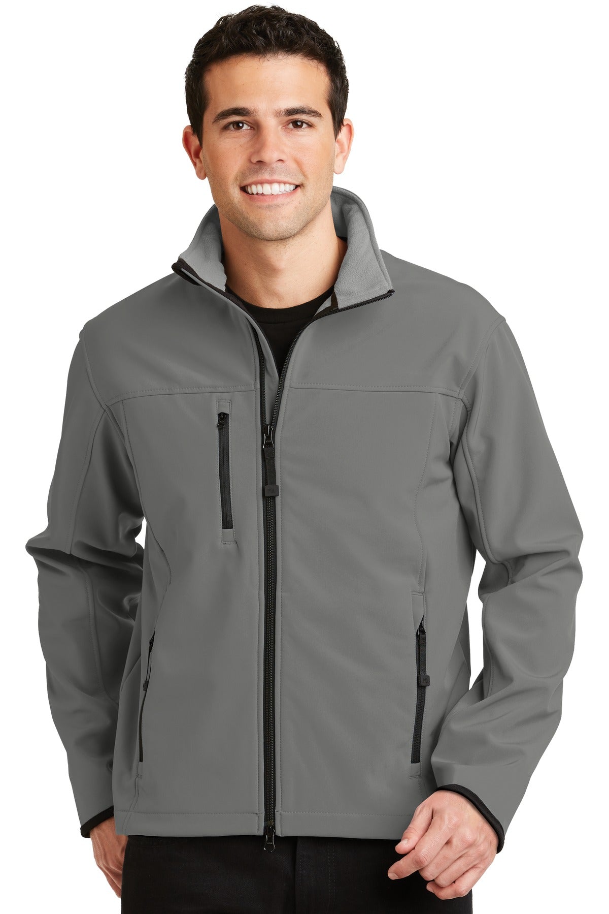 Custom Smoke Grey/ Chrome Glacier Soft Shell Jacket J790, personalized by SanCanDo Swag in Argyle, TX