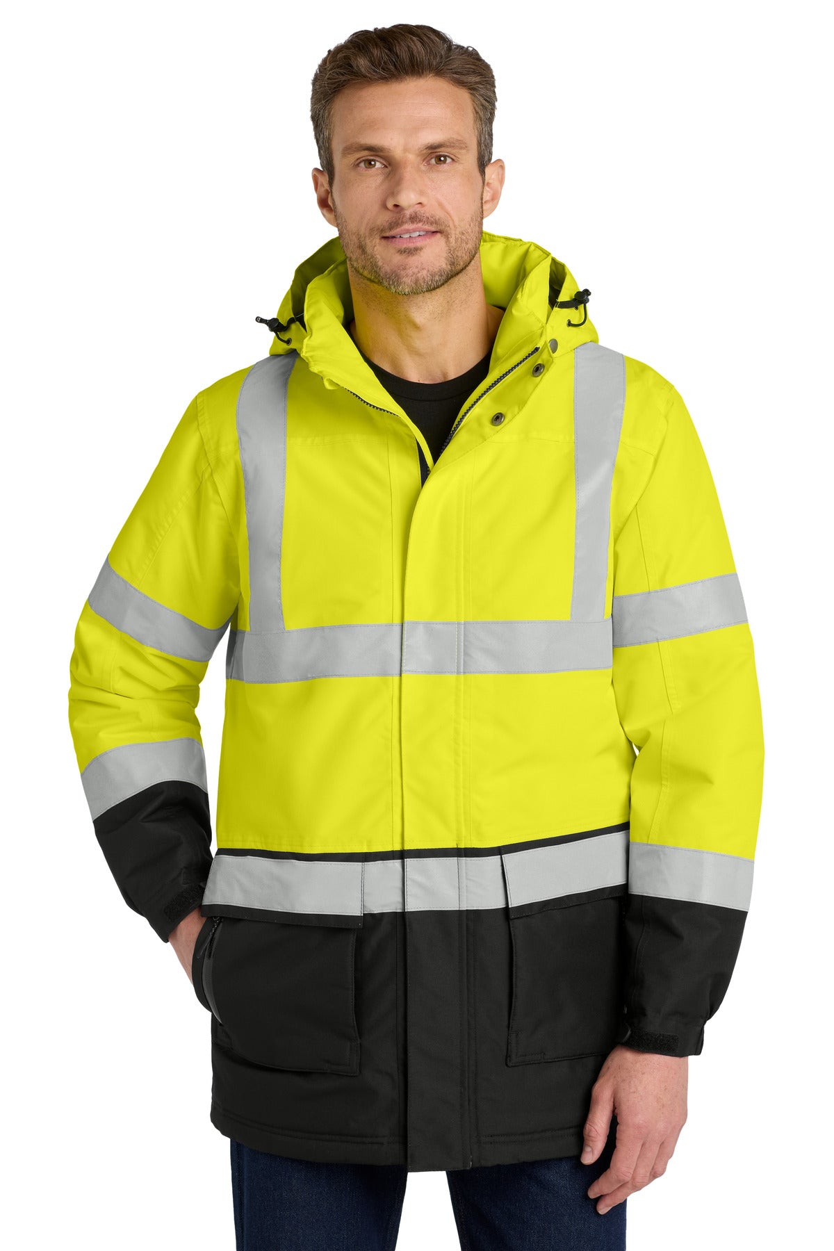 Custom Safety Yellow/ Black/ Reflective ANSI 107 Class 3 Safety Parka J799S, personalized by SanCanDo Swag in Argyle, TX