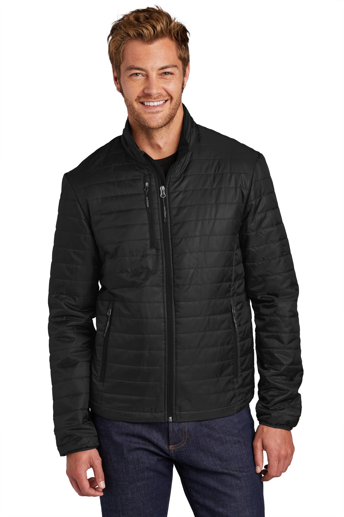 Custom Deep Black Packable Puffy Jacket J850, personalized by SanCanDo Swag in Argyle, TX