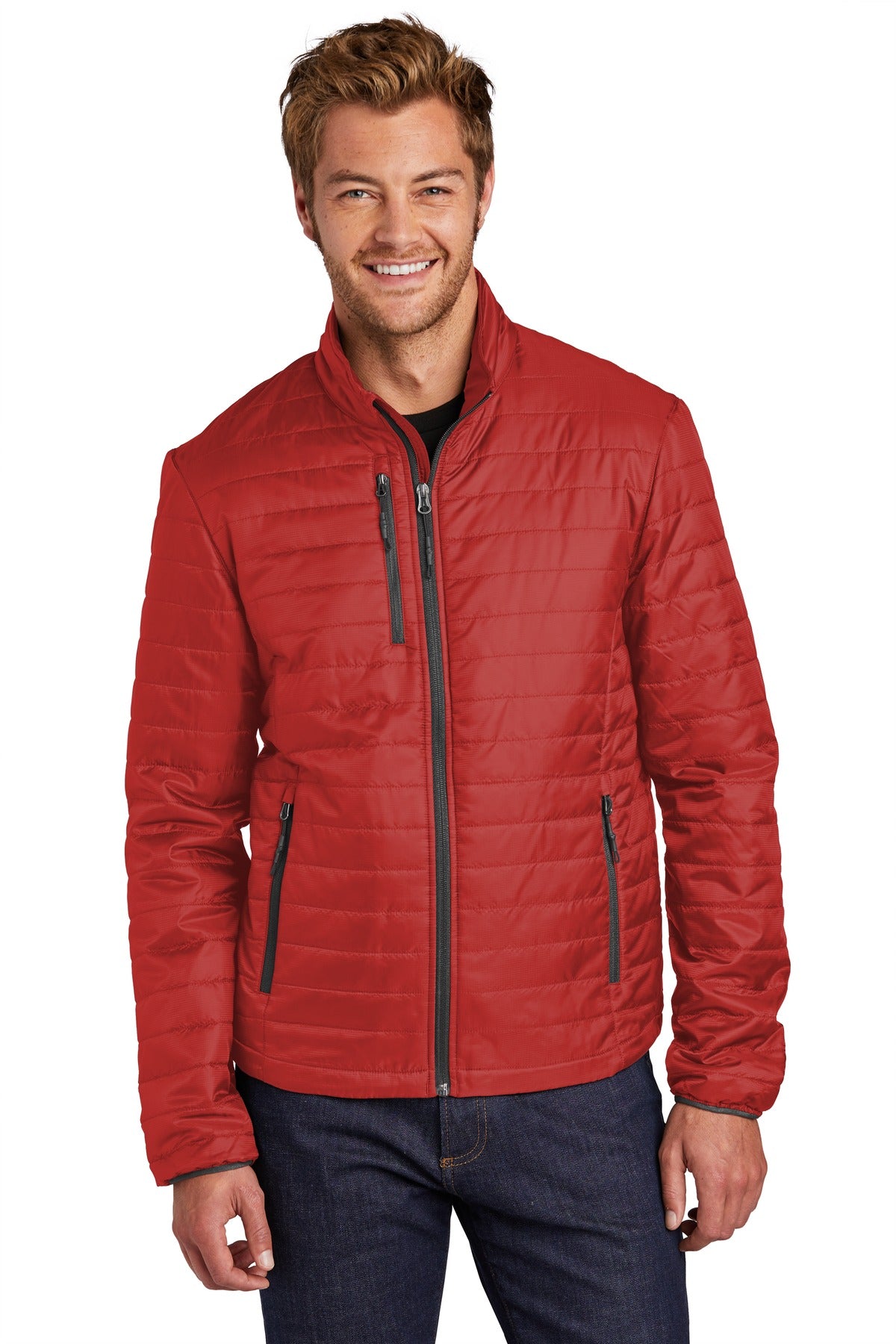Custom Fire Red/ Graphite Packable Puffy Jacket J850, personalized by SanCanDo Swag in Argyle, TX
