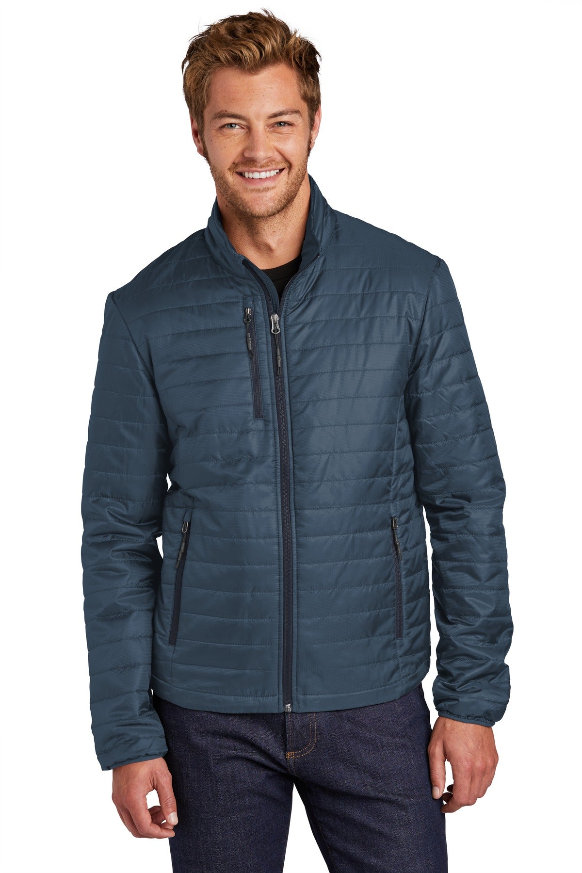Custom Regatta Blue/ River Blue Navy Packable Puffy Jacket J850, personalized by SanCanDo Swag in Argyle, TX