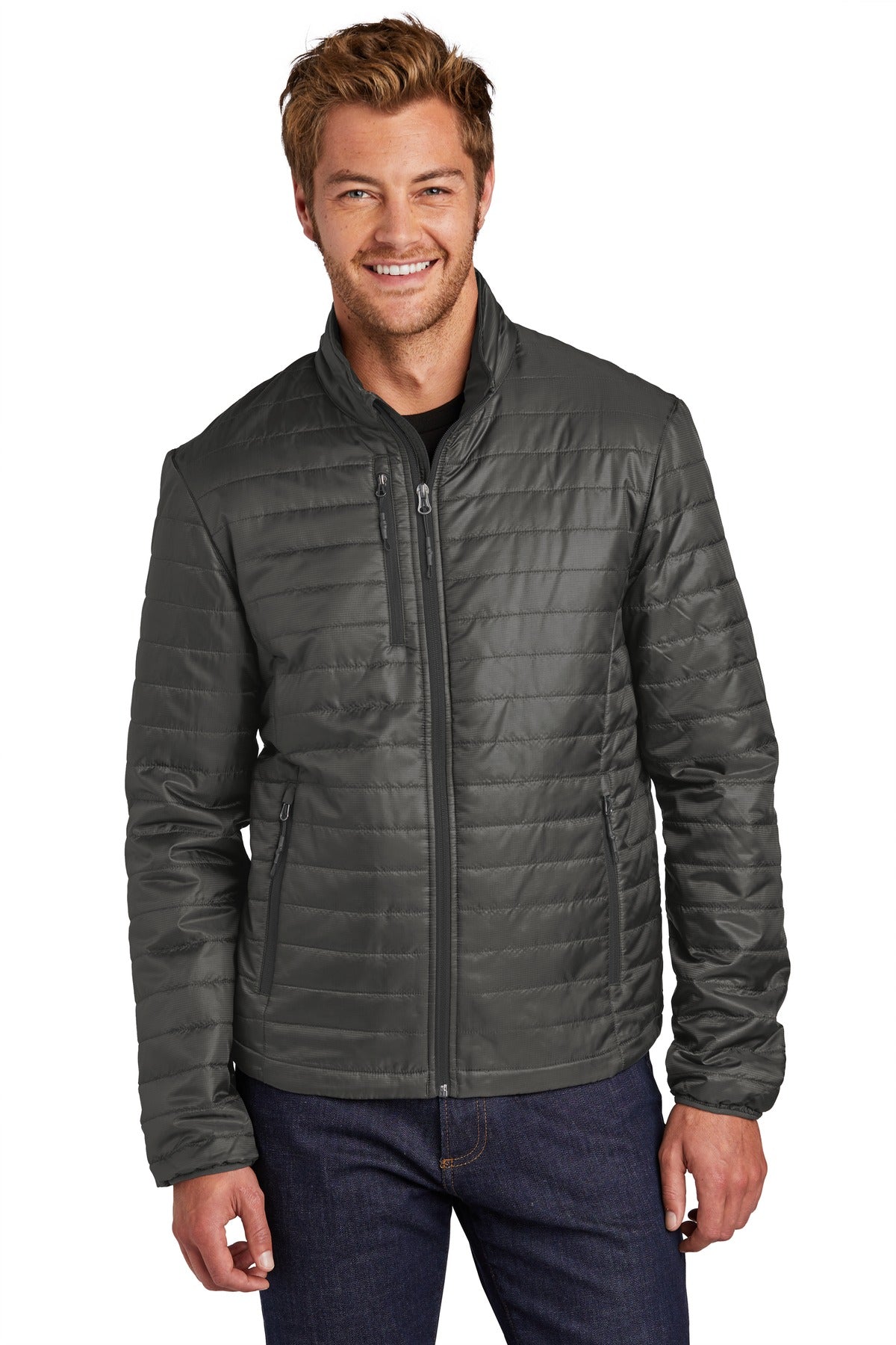 Custom Sterling Grey/ Graphite Packable Puffy Jacket J850, personalized by SanCanDo Swag in Argyle, TX