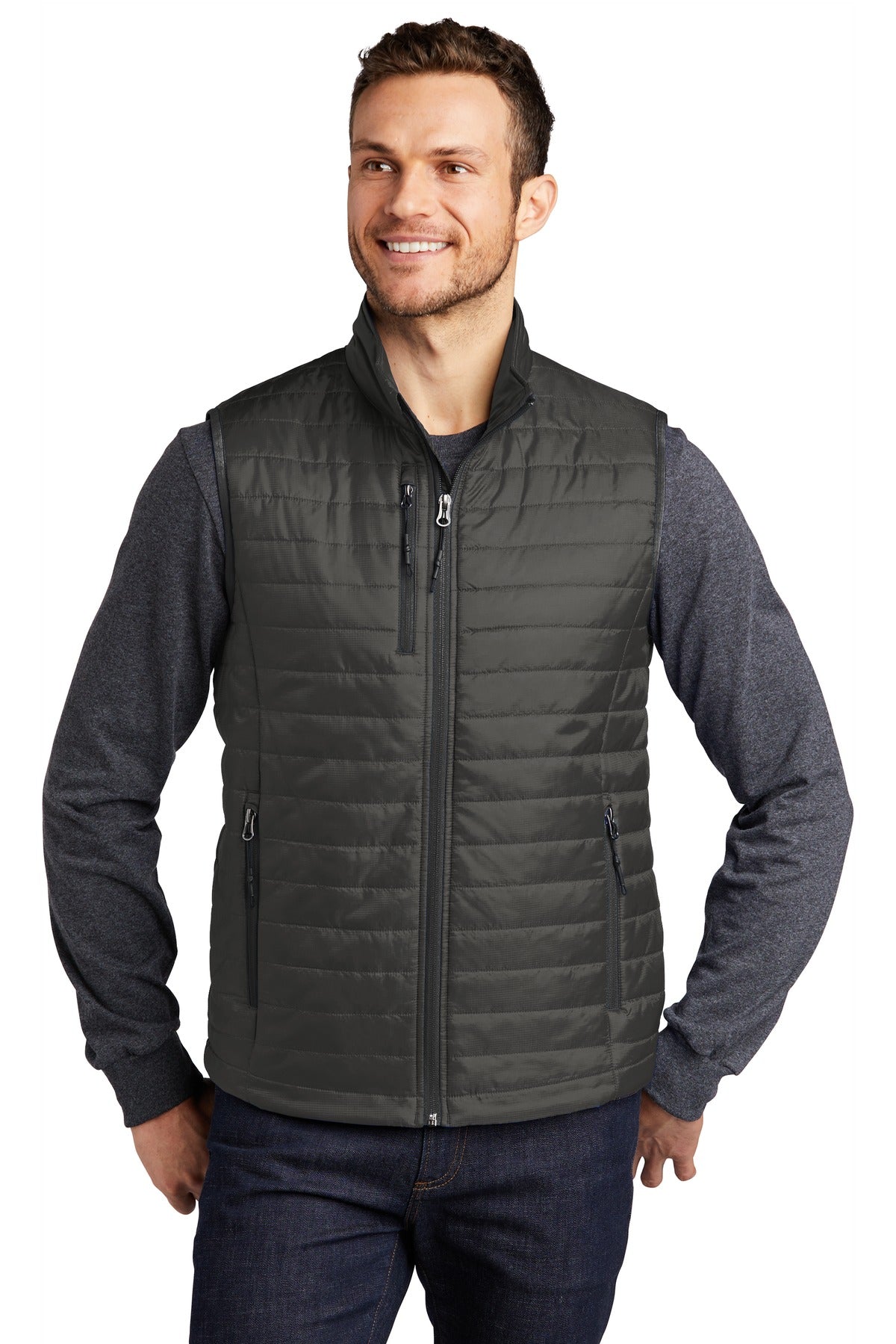 Custom Sterling Grey/ Graphite Packable Puffy Vest J851, personalized by SanCanDo Swag in Argyle, TX