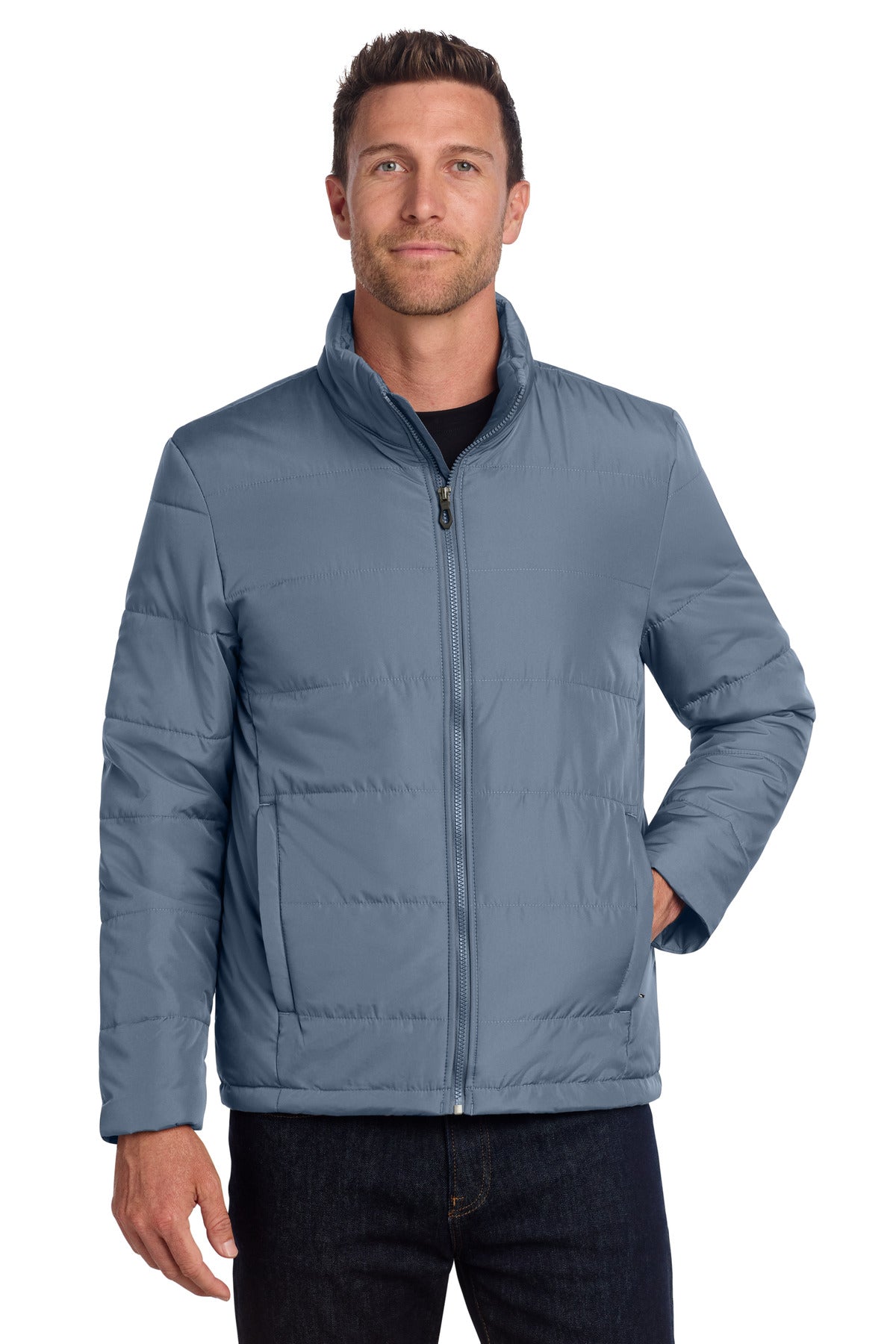 Custom Dusk Blue Puffer Jacket J852, personalized by SanCanDo Swag in Argyle, TX