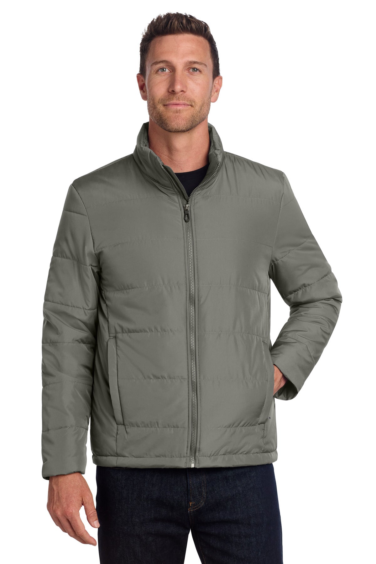 Custom Shadow Grey Puffer Jacket J852, personalized by SanCanDo Swag in Argyle, TX