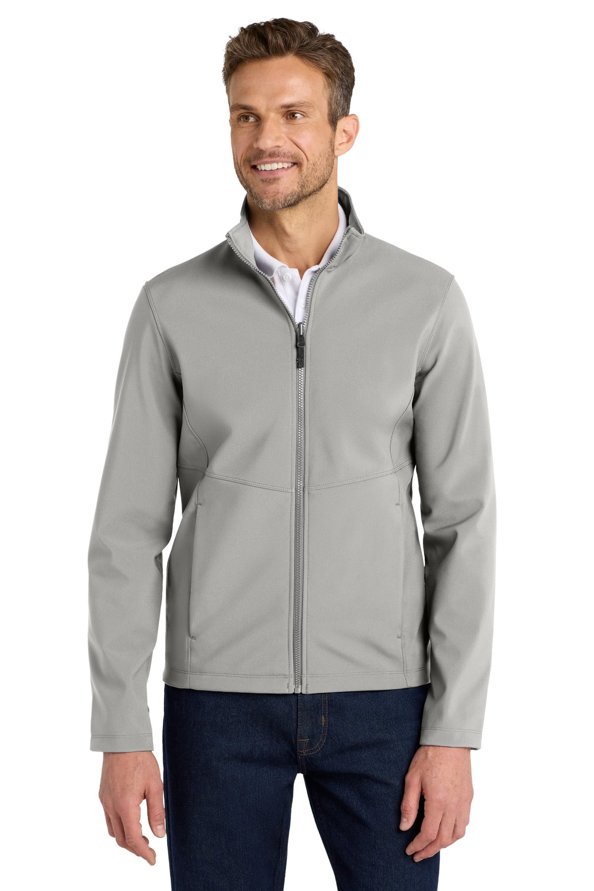Custom Gusty Grey Collective Soft Shell Jacket J901, personalized by SanCanDo Swag in Argyle, TX