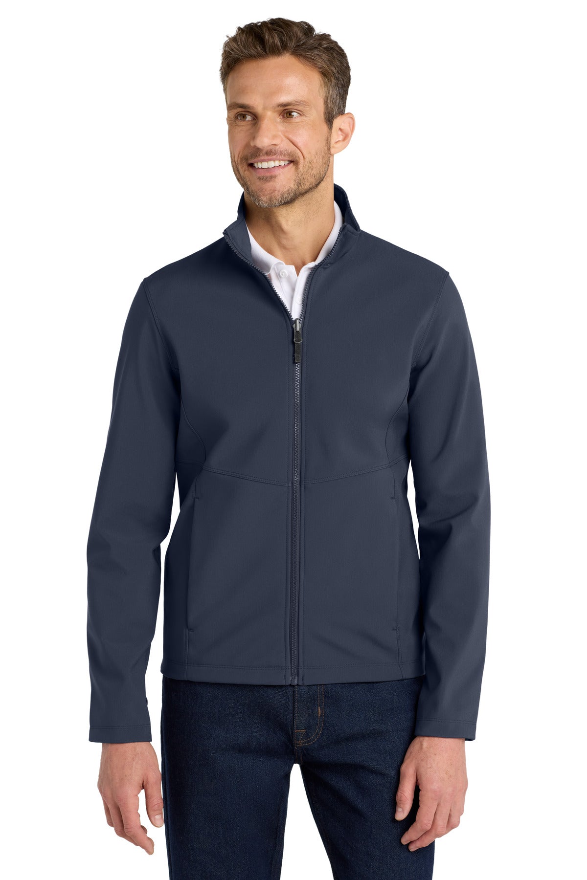 Custom River Blue Navy Collective Soft Shell Jacket J901, personalized by SanCanDo Swag in Argyle, TX