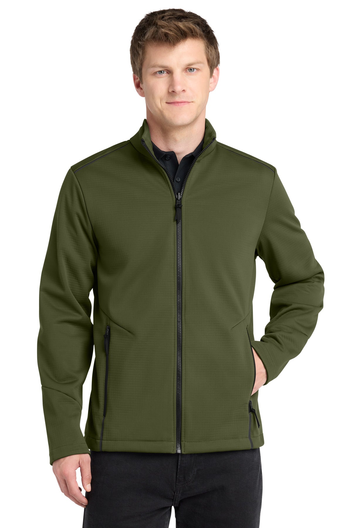 Custom Olive Green Collective Tech Soft Shell Jacket J921, personalized by SanCanDo Swag in Argyle, TX