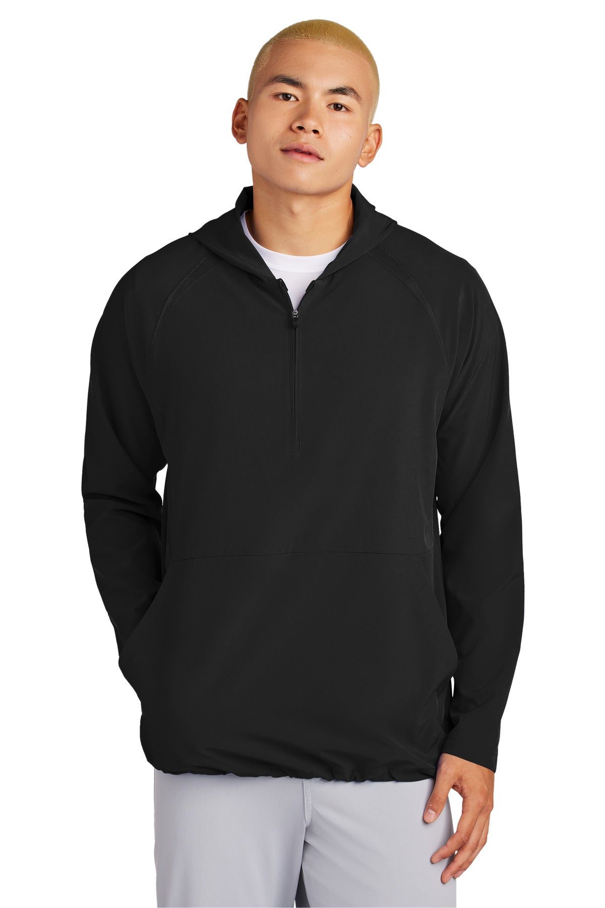 Custom Black Repeat 1/2-Zip Long Sleeve Hooded Jacket JST488, personalized by SanCanDo Swag in Argyle, TX
