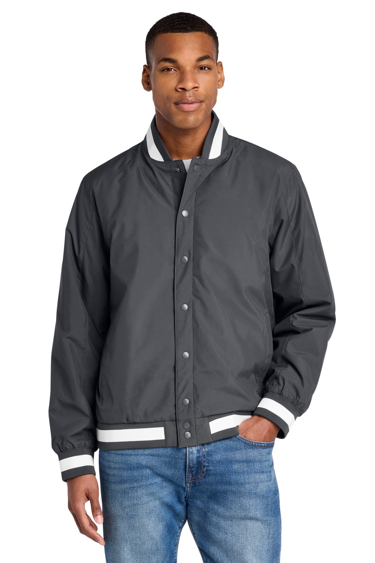 Custom Graphite Insulated Varsity Jacket JST58, personalized by SanCanDo Swag in Argyle, TX