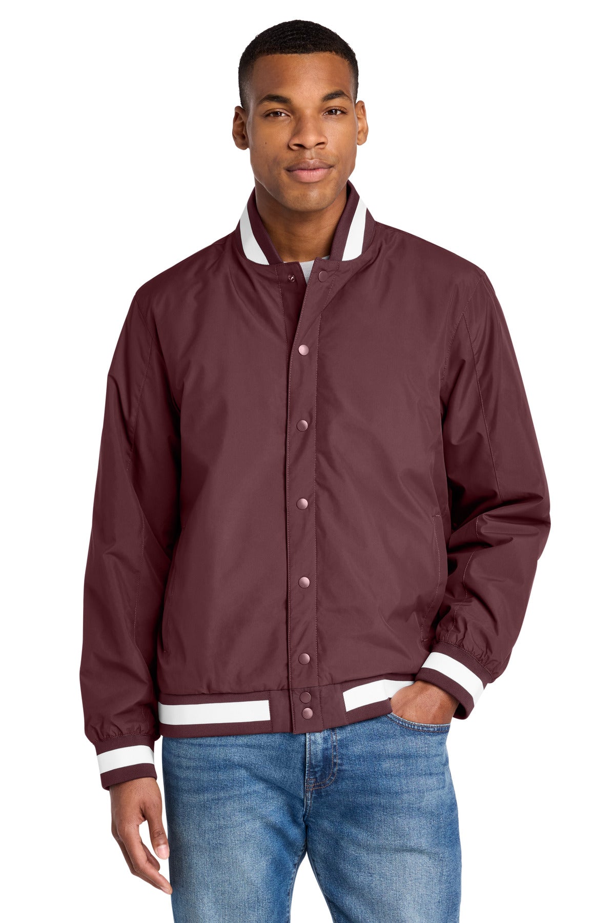 Custom Maroon Insulated Varsity Jacket JST58, personalized by SanCanDo Swag in Argyle, TX