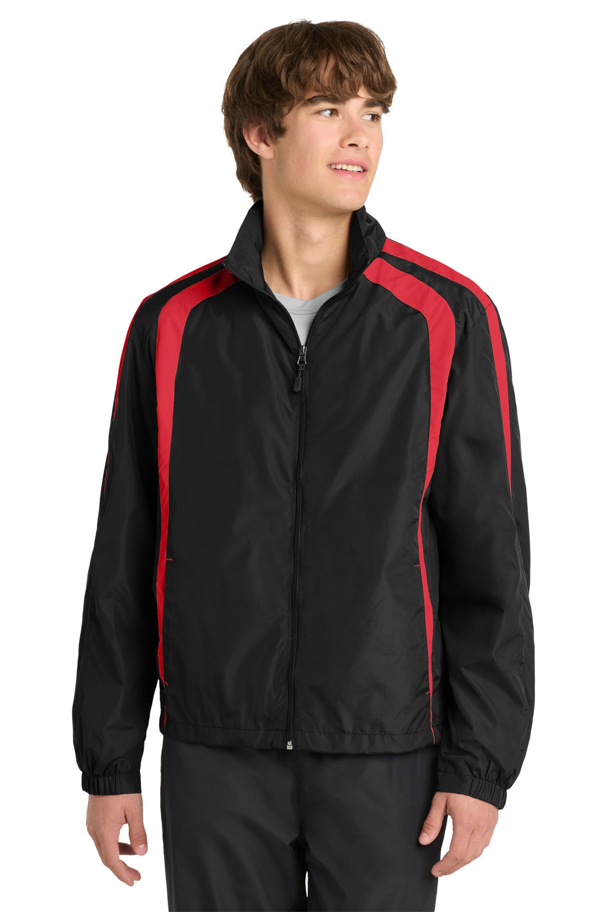 Custom Black/ True Red Colorblock Raglan Jacket JST60, personalized by SanCanDo Swag in Argyle, TX