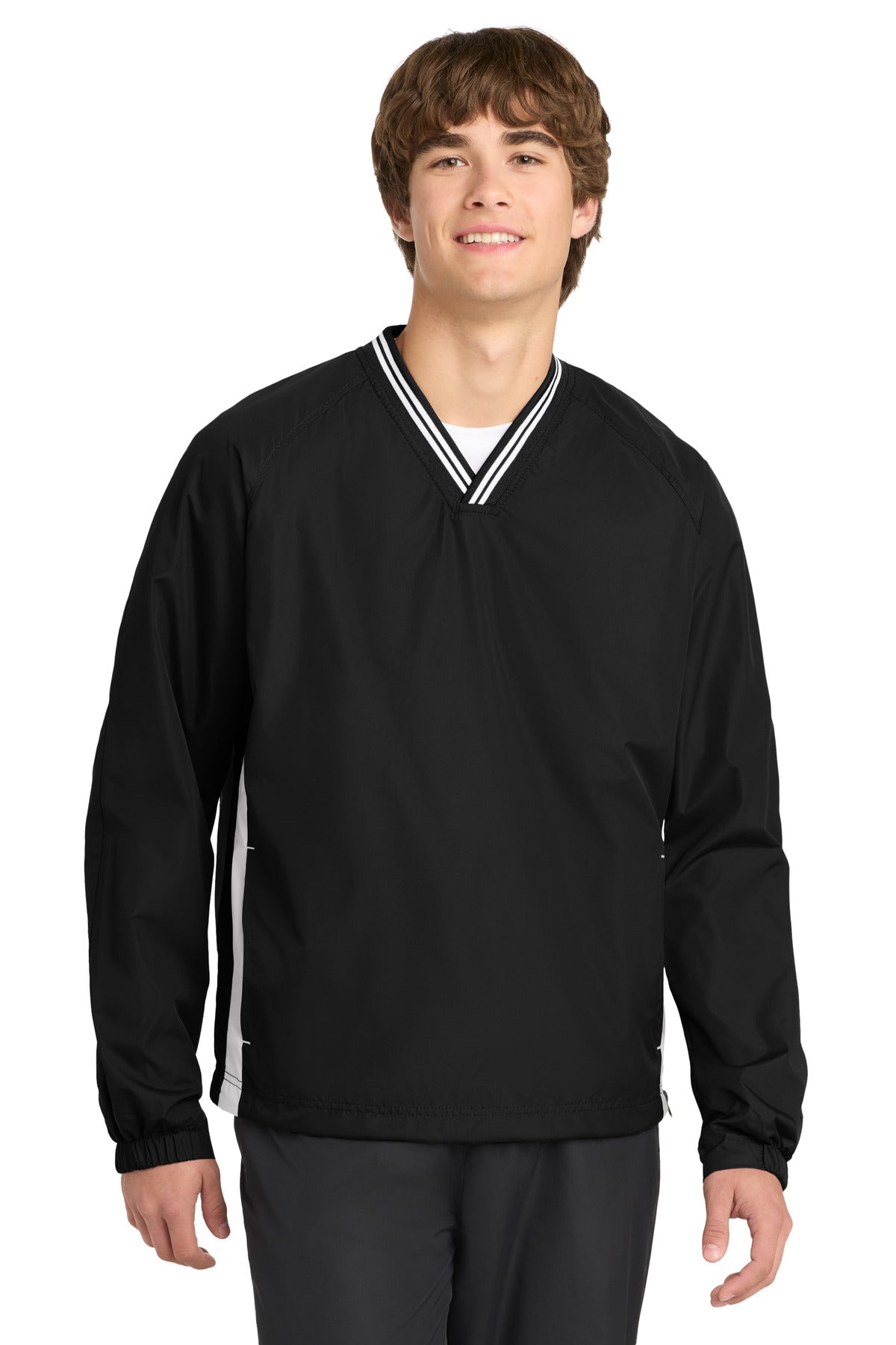 Custom Black/ White Tipped V-Neck Raglan Wind Pullover JST62, personalized by SanCanDo Swag in Argyle, TX