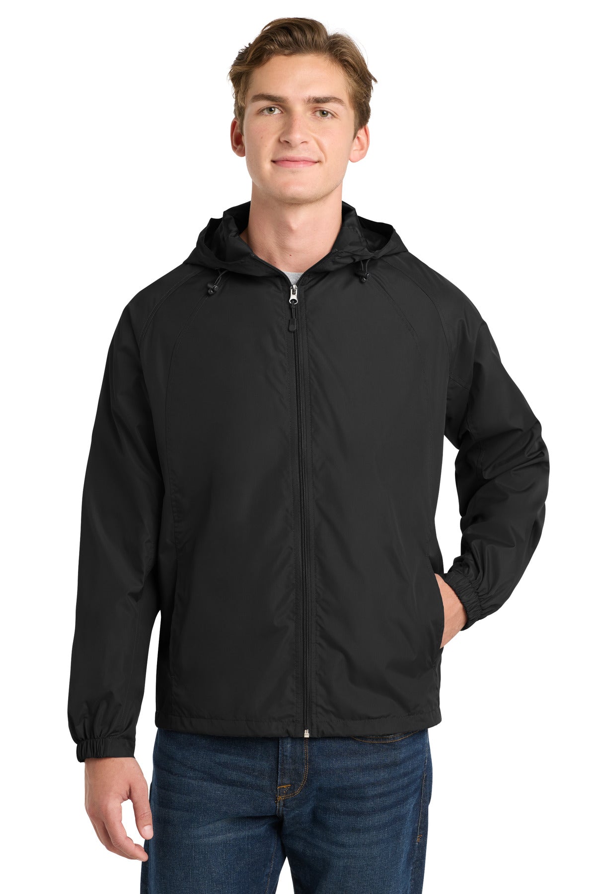 Custom Black Hooded Raglan Jacket JST73, personalized by SanCanDo Swag in Argyle, TX