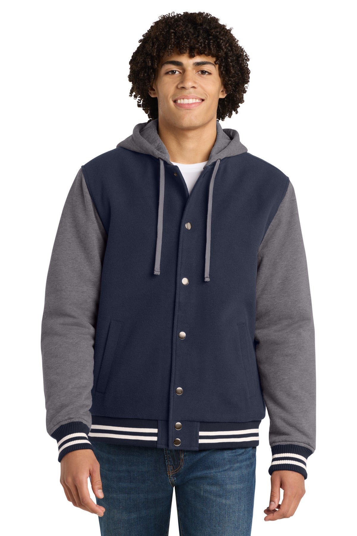 Custom True Navy/ Vintage Heather Insulated Letterman Jacket JST82, personalized by SanCanDo Swag in Argyle, TX