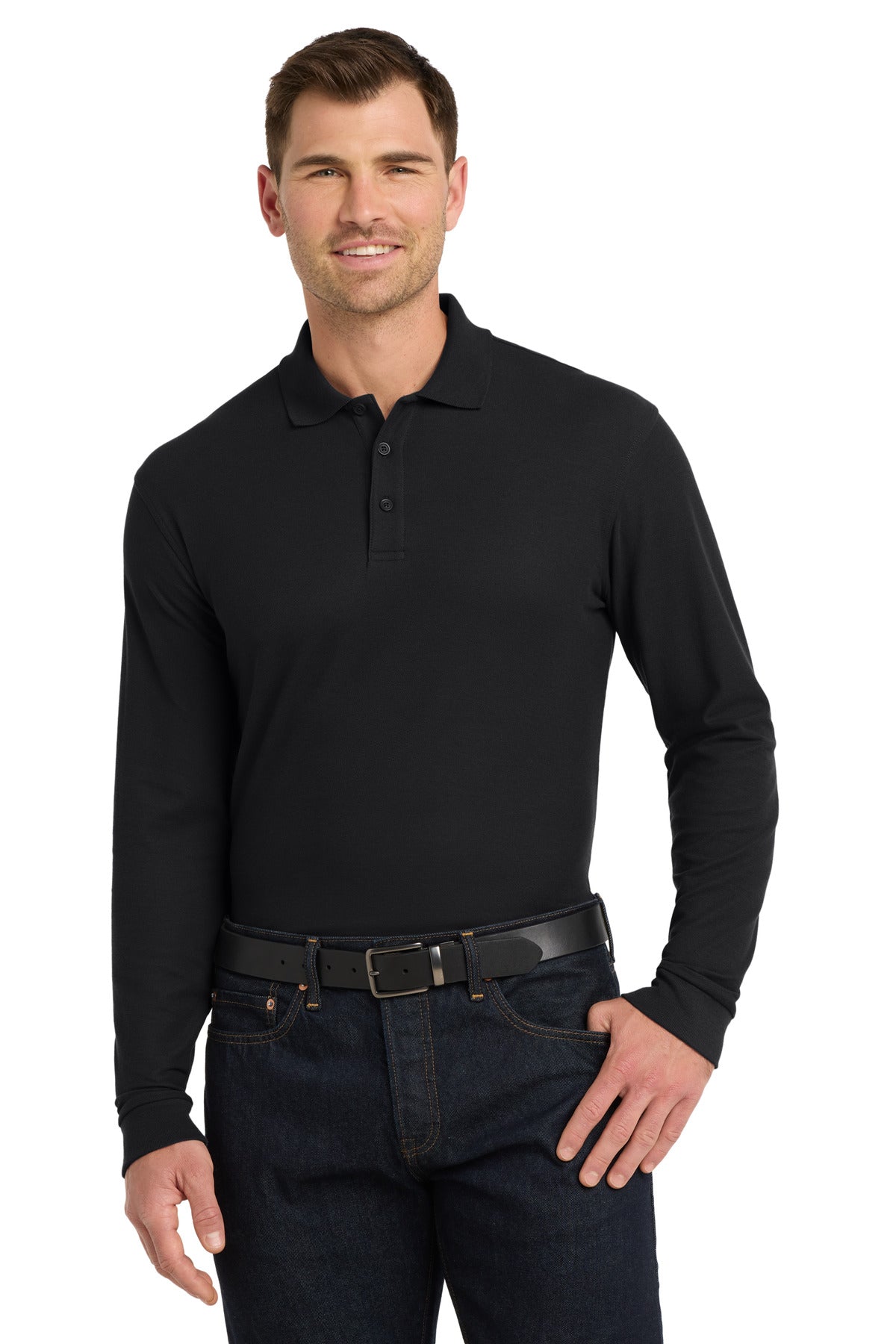 Custom Deep Black Long Sleeve Core Classic Pique Polo K100LS, personalized by SanCanDo Swag in Argyle, TX