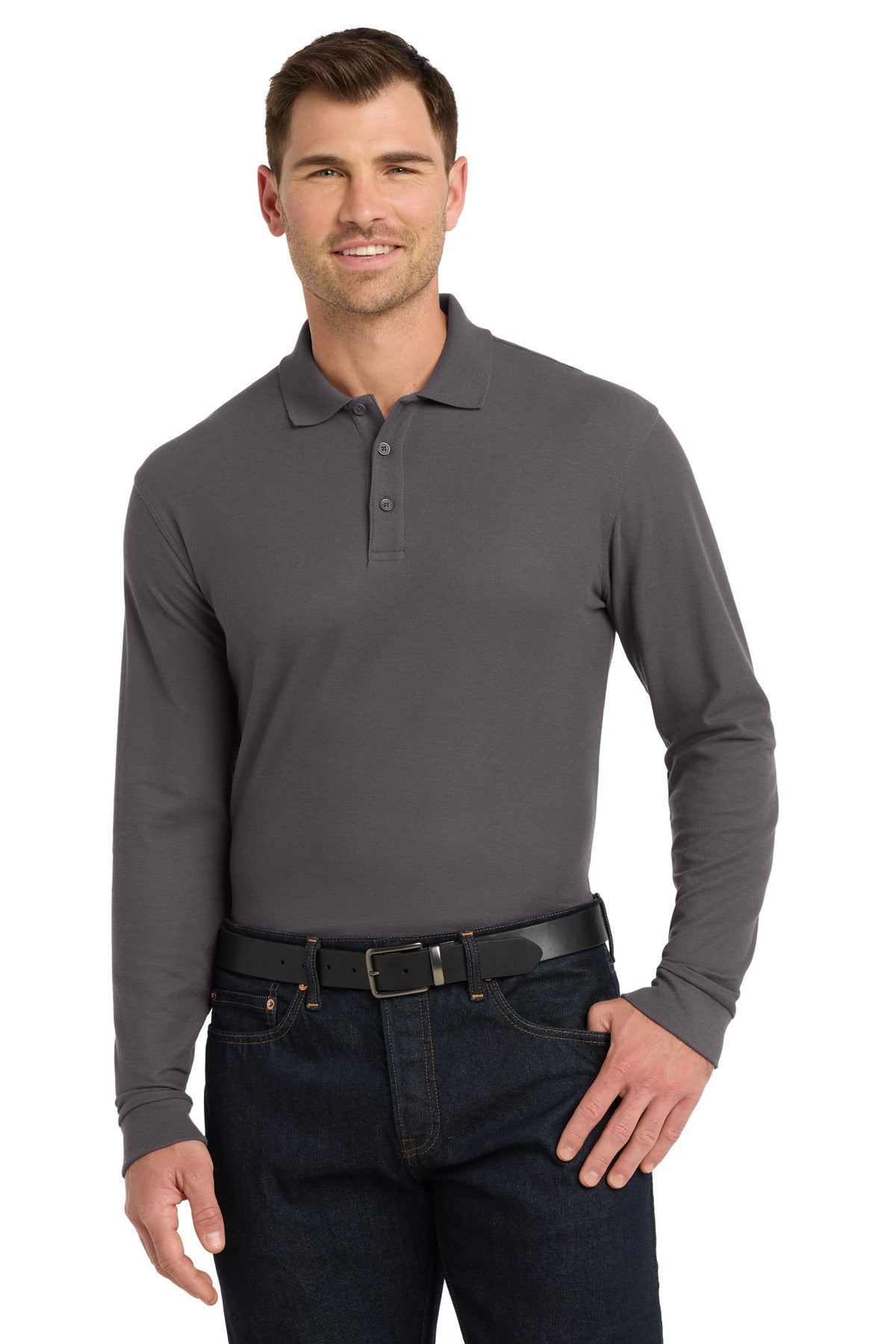 Custom Graphite Long Sleeve Core Classic Pique Polo K100LS, personalized by SanCanDo Swag in Argyle, TX