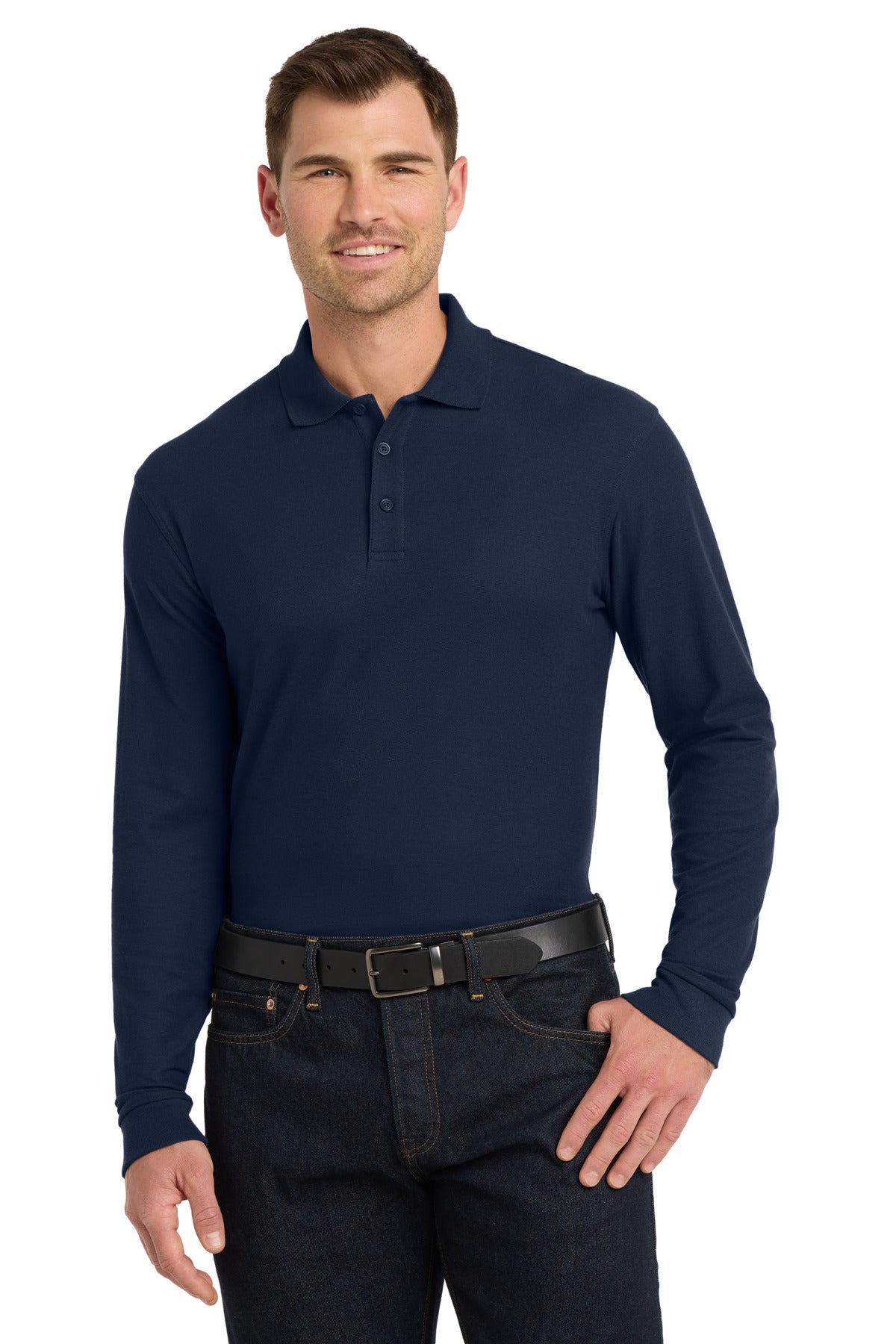 Custom River Blue Navy Long Sleeve Core Classic Pique Polo K100LS, personalized by SanCanDo Swag in Argyle, TX