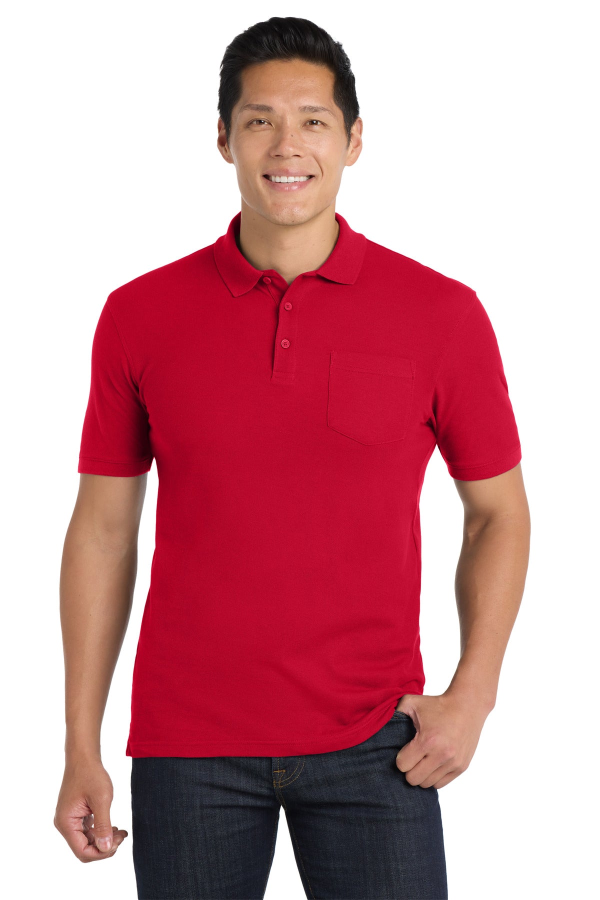Custom Rich Red Core Classic Pique Pocket Polo K100P, personalized by SanCanDo Swag in Argyle, TX