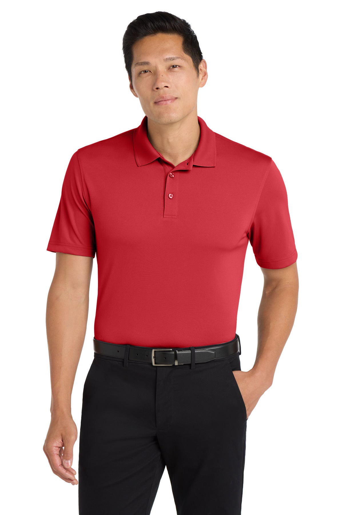 Custom Rich Red Dry Zone UV Micro-Mesh Polo K110, personalized by SanCanDo Swag in Argyle, TX