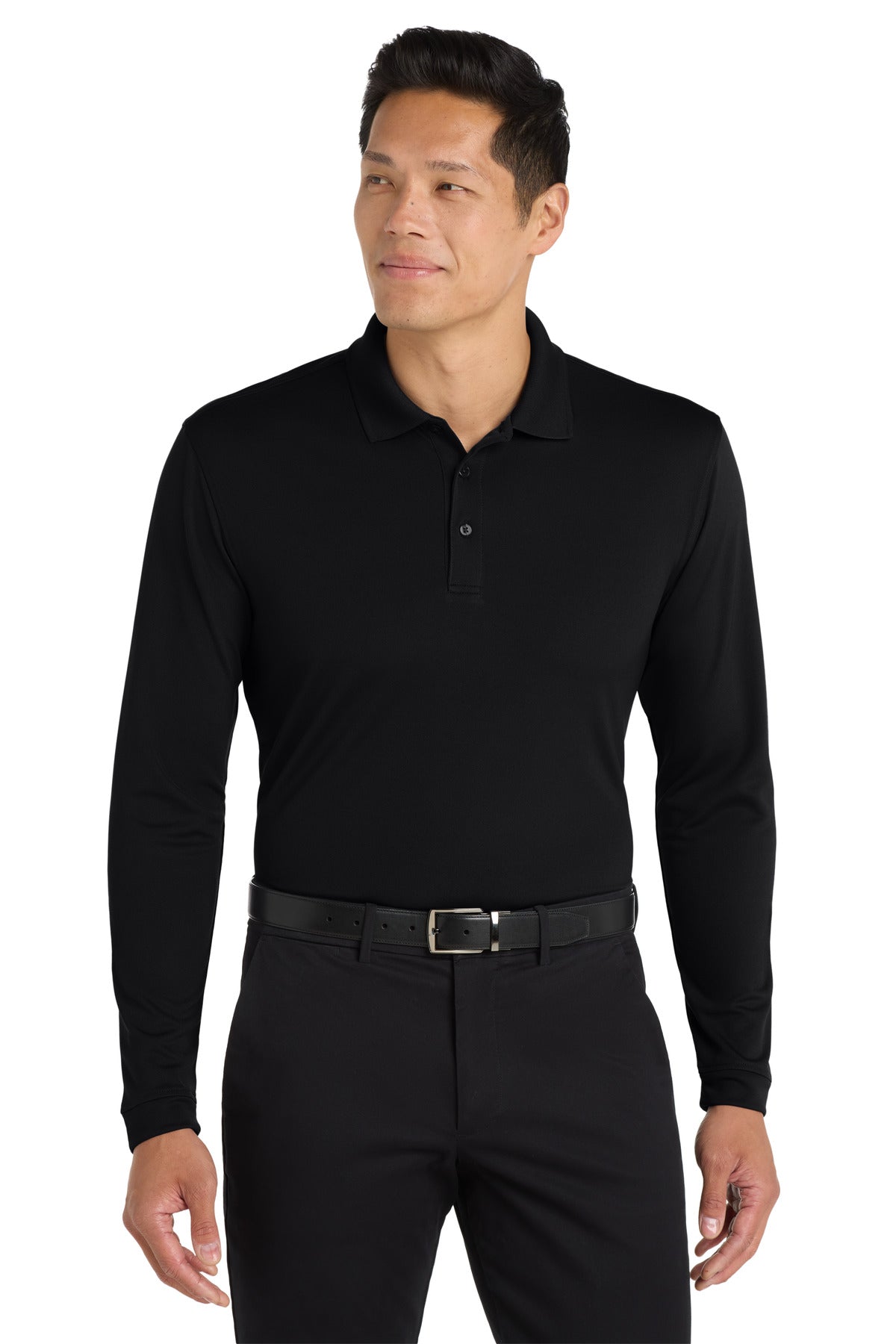 Custom Deep Black Dry Zone UV Micro-Mesh Long Sleeve Polo K110LS, personalized by SanCanDo Swag in Argyle, TX