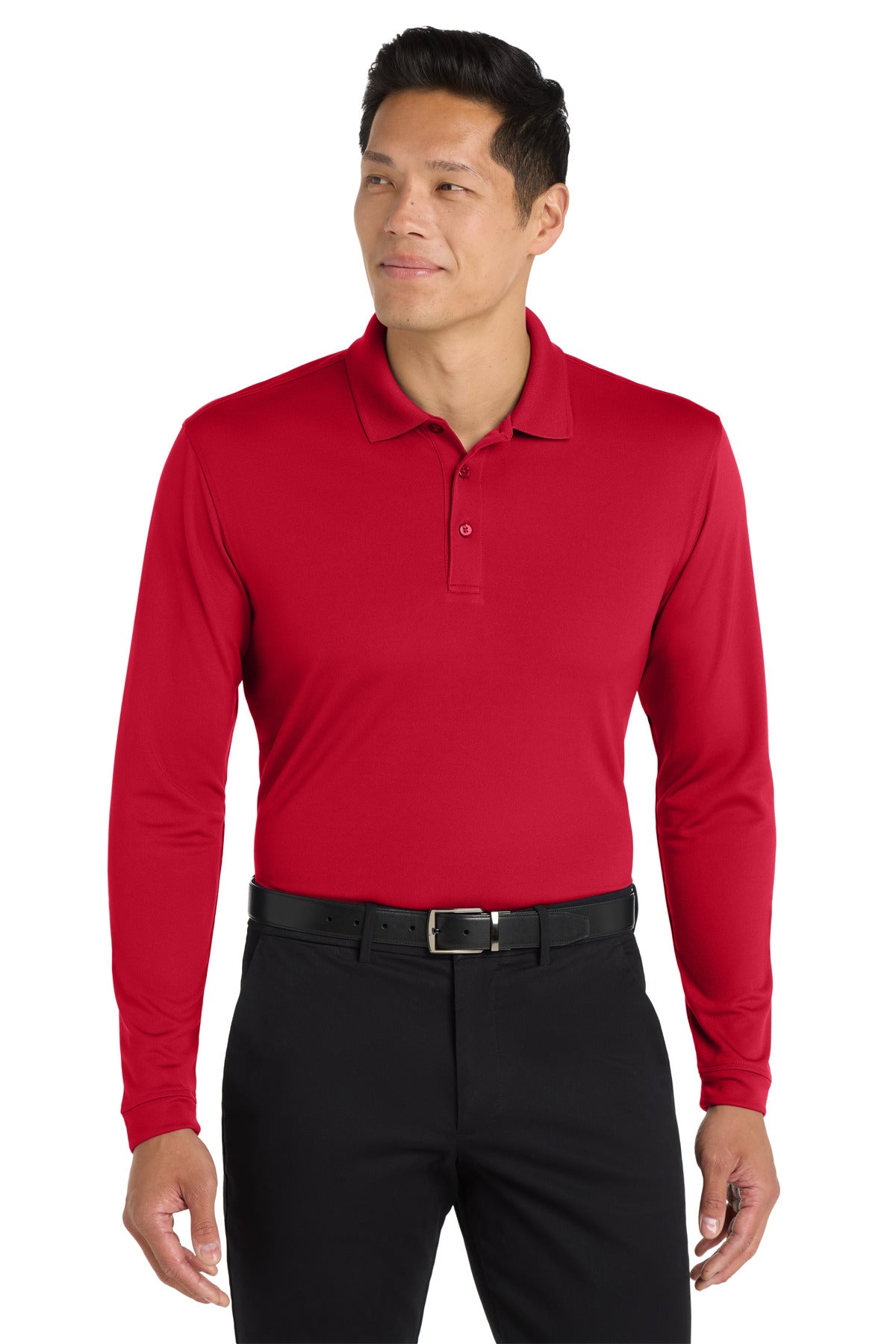 Custom Rich Red Dry Zone UV Micro-Mesh Long Sleeve Polo K110LS, personalized by SanCanDo Swag in Argyle, TX