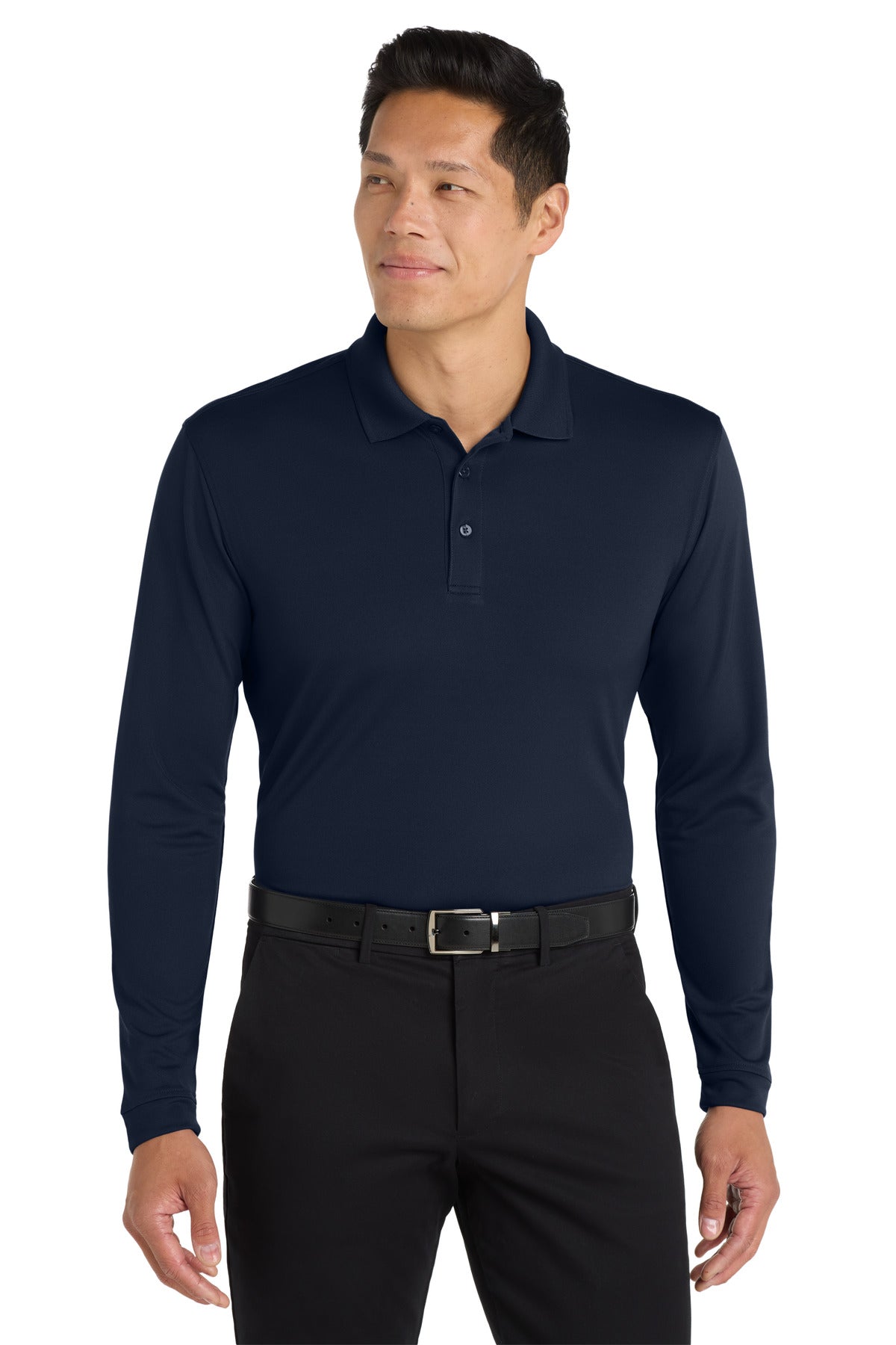 Custom River Blue Navy Dry Zone UV Micro-Mesh Long Sleeve Polo K110LS, personalized by SanCanDo Swag in Argyle, TX