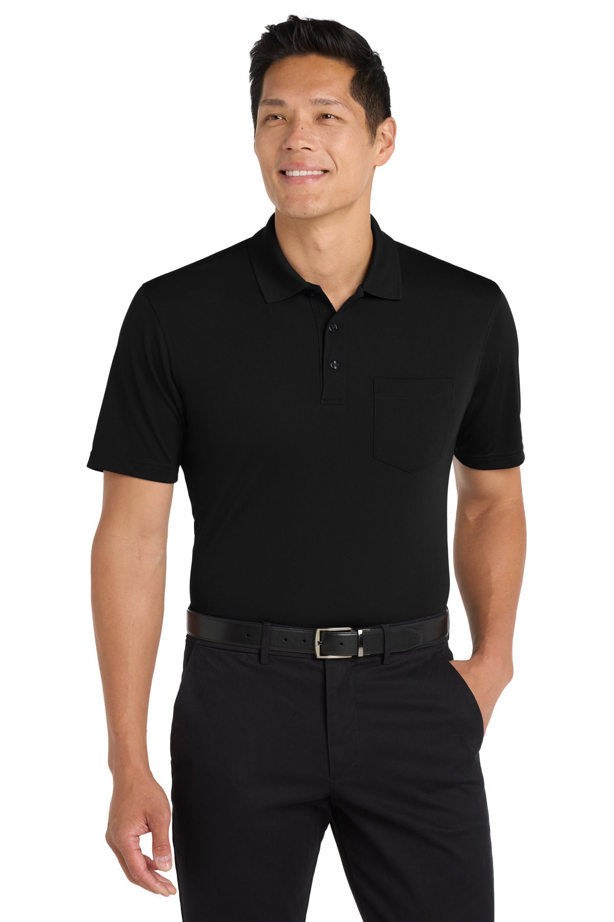 Custom Deep Black Dry Zone UV Micro-Mesh Pocket Polo K110P, personalized by SanCanDo Swag in Argyle, TX