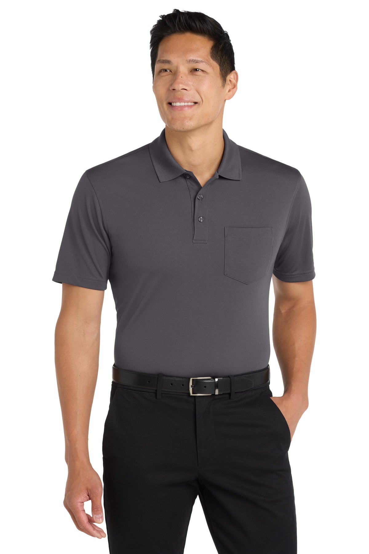 Custom Graphite Dry Zone UV Micro-Mesh Pocket Polo K110P, personalized by SanCanDo Swag in Argyle, TX