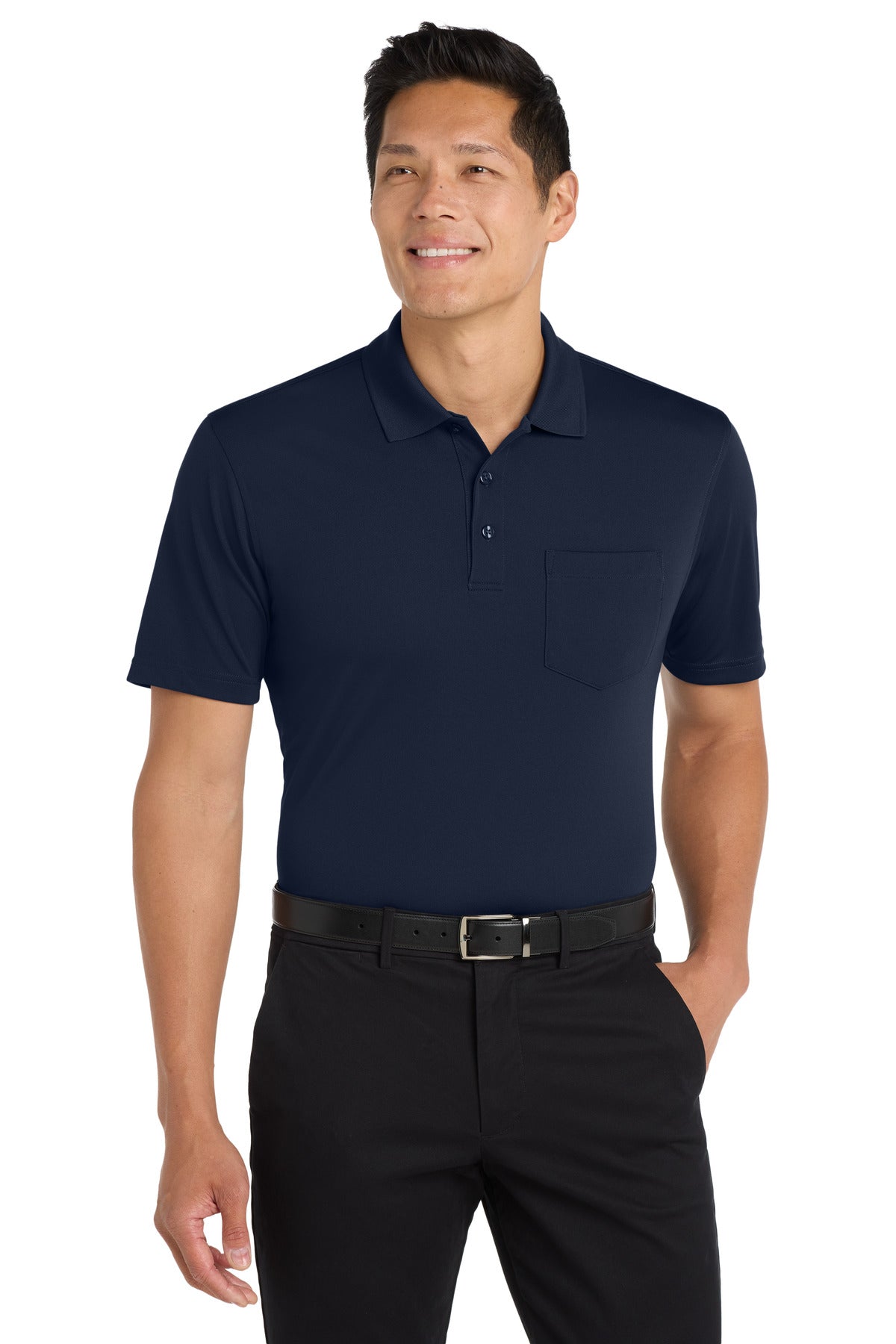 Custom River Blue Navy Dry Zone UV Micro-Mesh Pocket Polo K110P, personalized by SanCanDo Swag in Argyle, TX