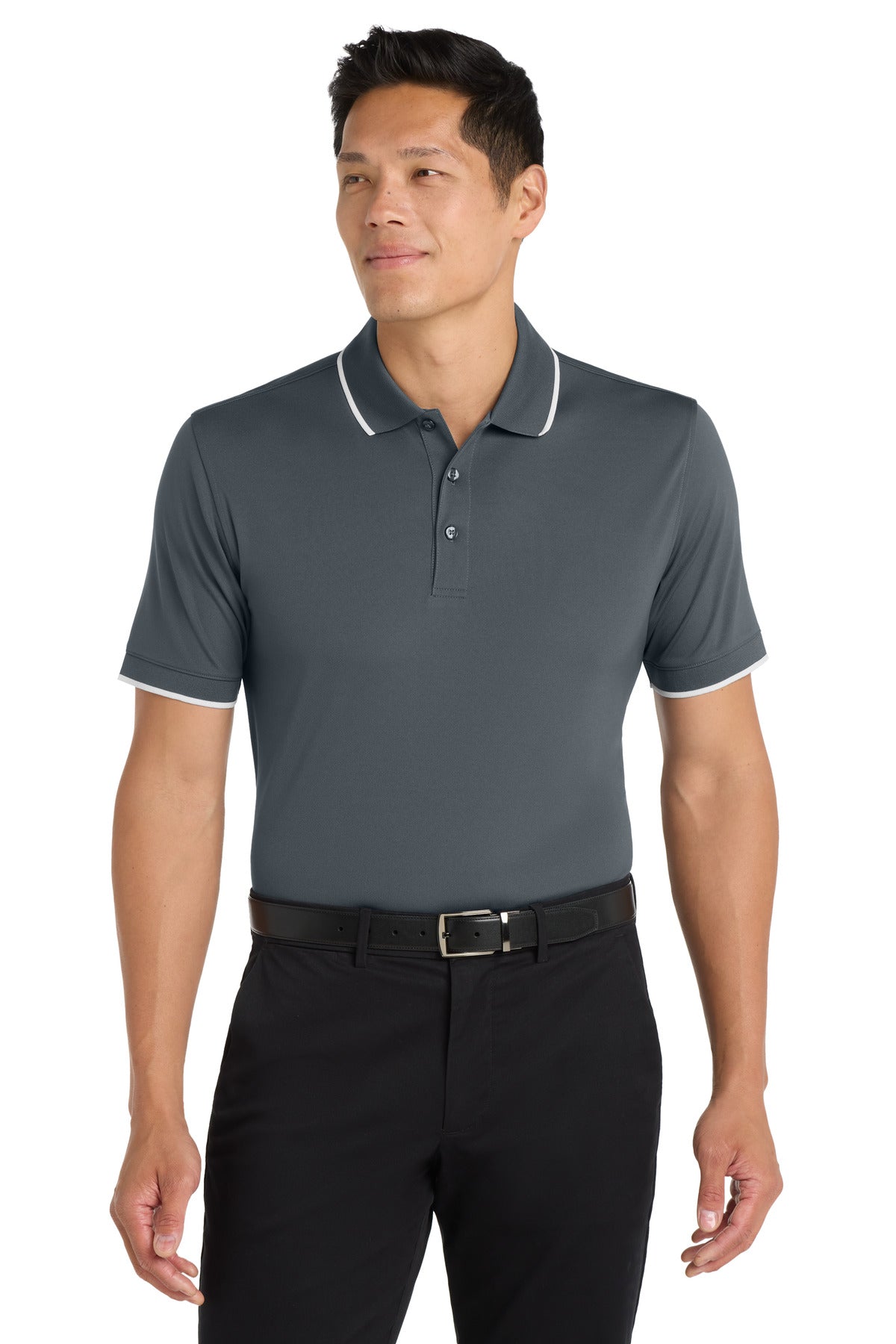 Custom Graphite/ White Dry Zone UV Micro-Mesh Tipped Polo K111, personalized by SanCanDo Swag in Argyle, TX
