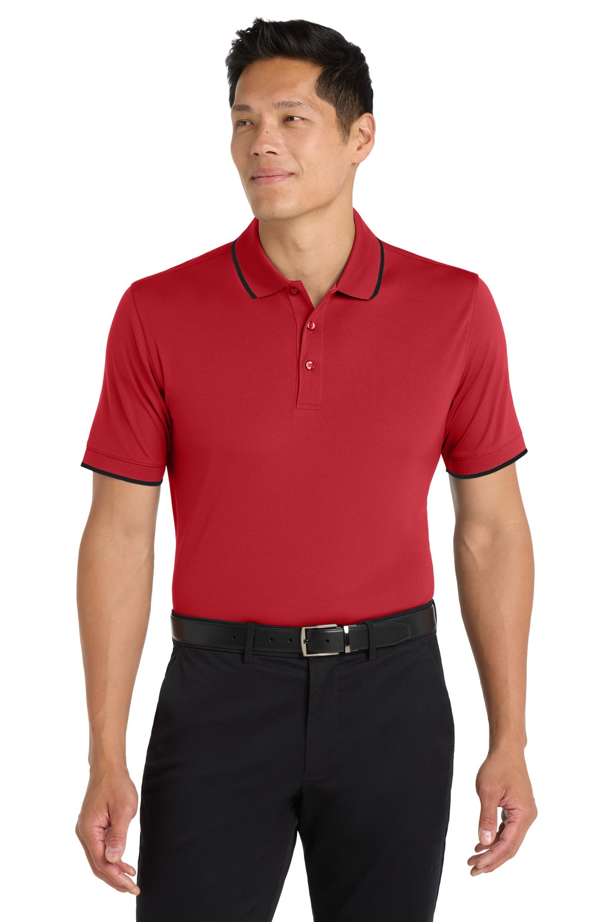 Custom Rich Red/ Deep Black Dry Zone UV Micro-Mesh Tipped Polo K111, personalized by SanCanDo Swag in Argyle, TX