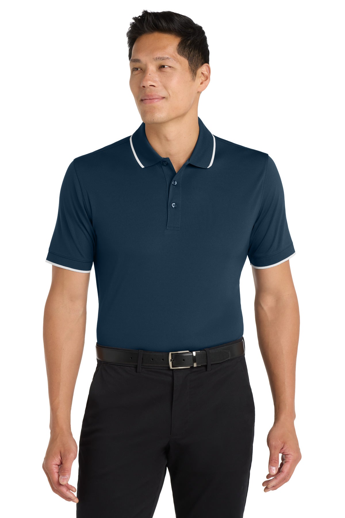 Custom River Blue Navy/ White Dry Zone UV Micro-Mesh Tipped Polo K111, personalized by SanCanDo Swag in Argyle, TX
