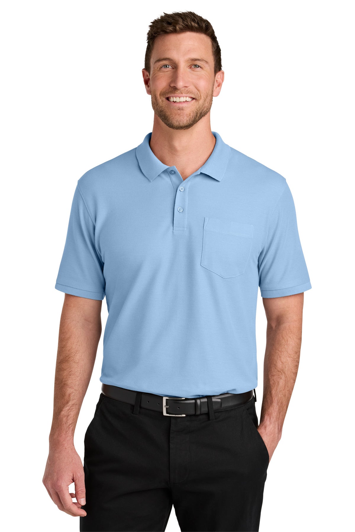Custom Cloud Blue Wearever Signature Pique Pocket Polo K200P, personalized by SanCanDo Swag in Argyle, TX