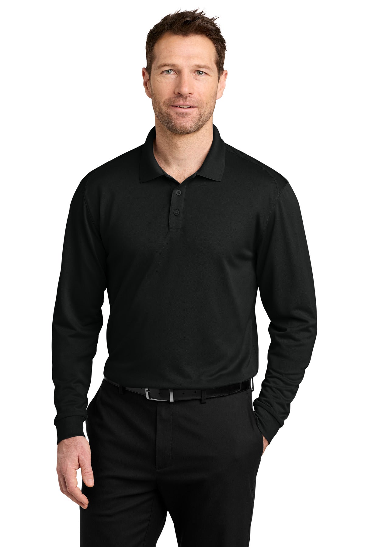 Custom Deep Black Pique Long Sleeve Polo K240LS, personalized by SanCanDo Swag in Argyle, TX