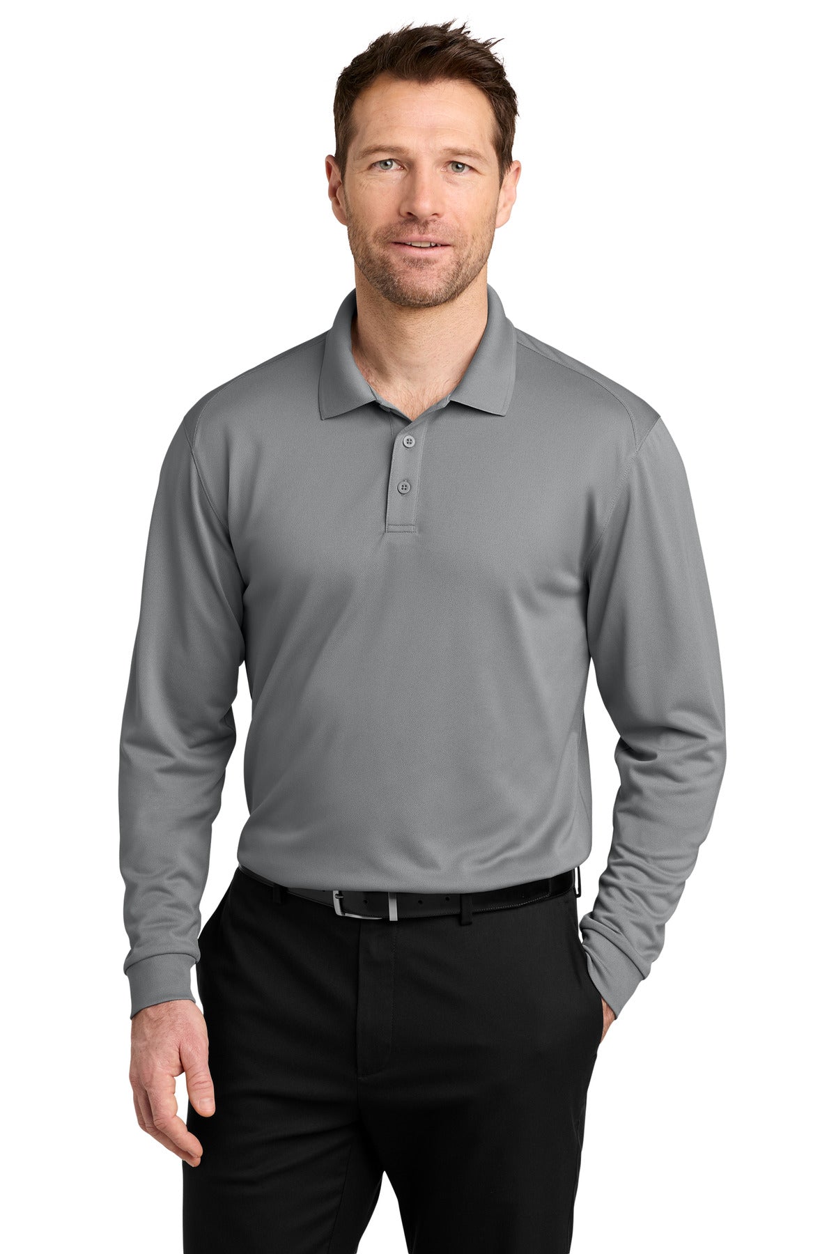 Custom Gusty Grey Pique Long Sleeve Polo K240LS, personalized by SanCanDo Swag in Argyle, TX