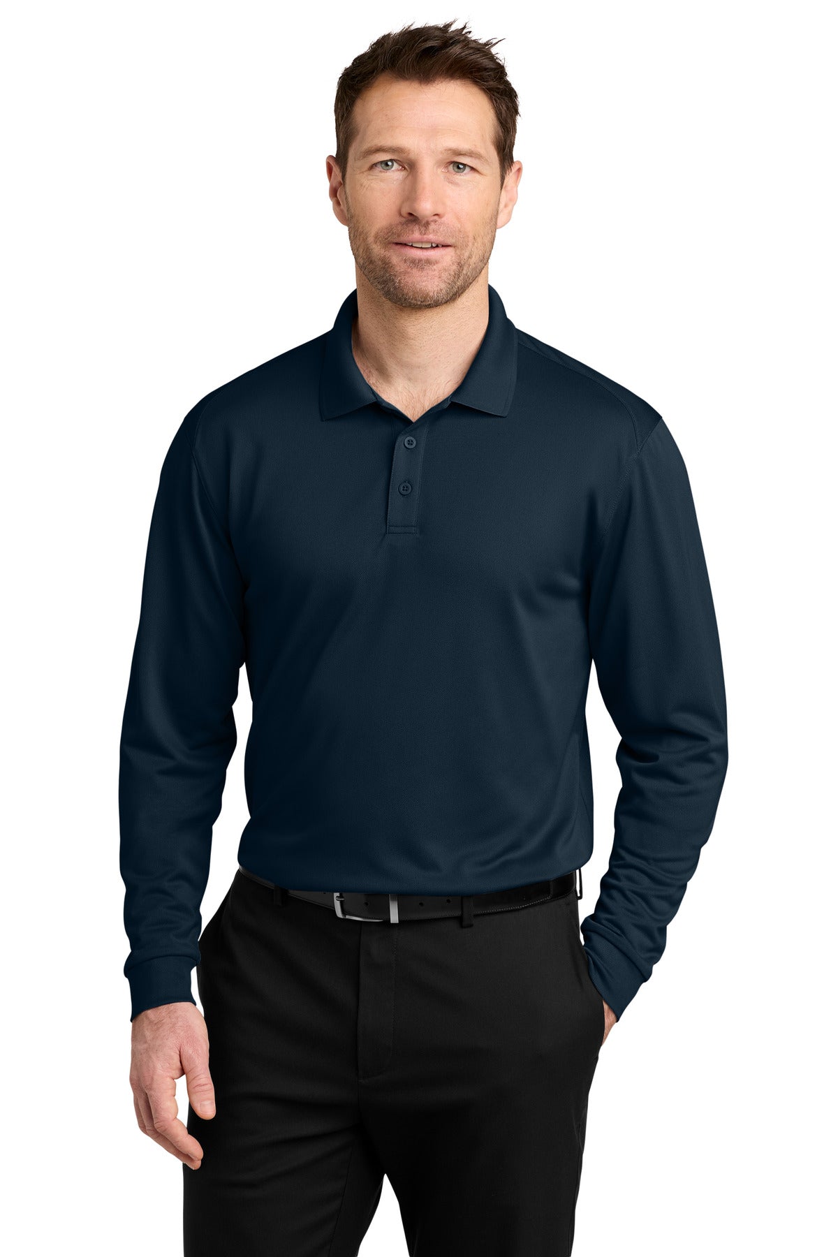 Custom River Blue Navy Pique Long Sleeve Polo K240LS, personalized by SanCanDo Swag in Argyle, TX