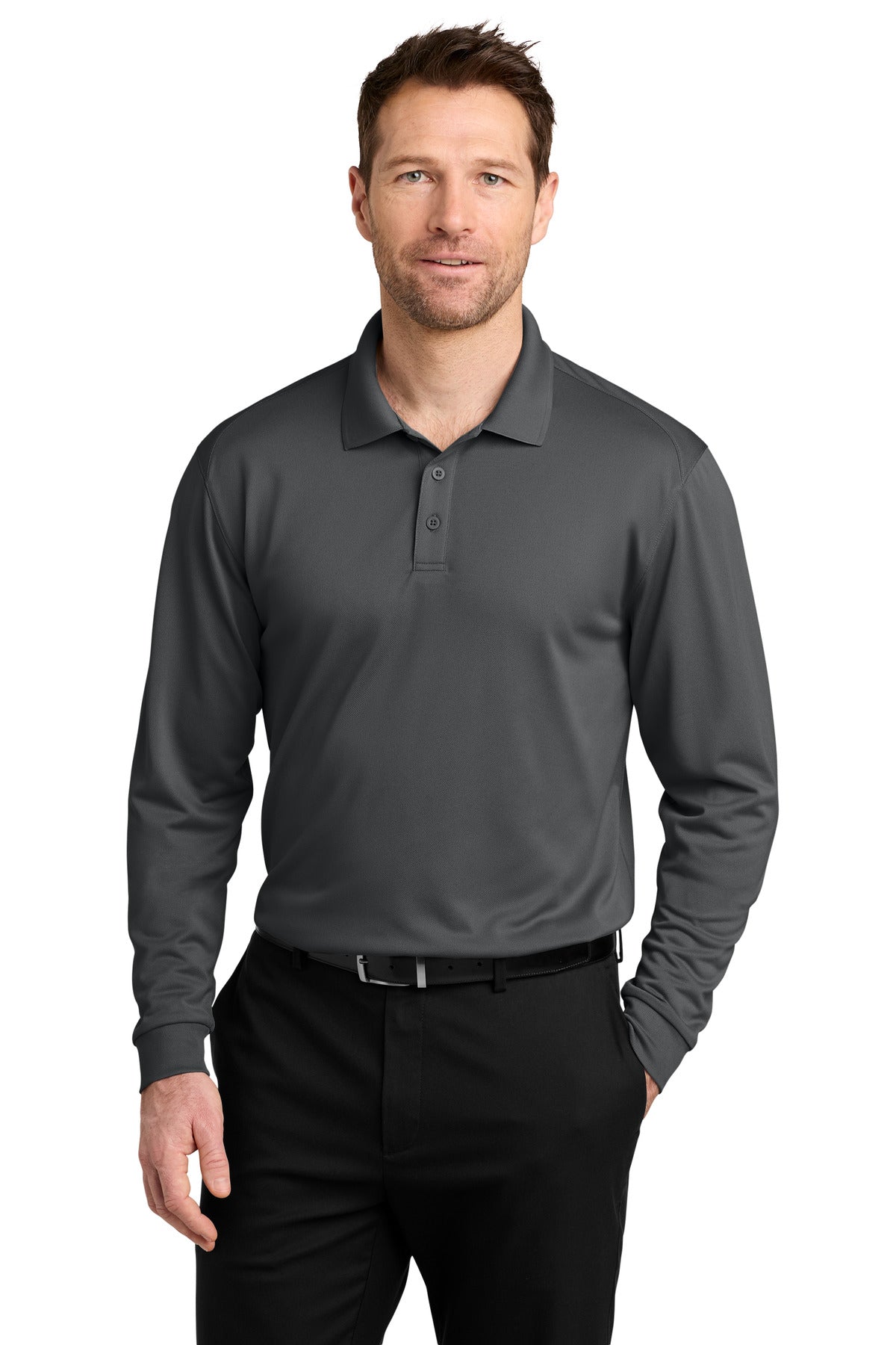 Custom Storm Grey Pique Long Sleeve Polo K240LS, personalized by SanCanDo Swag in Argyle, TX