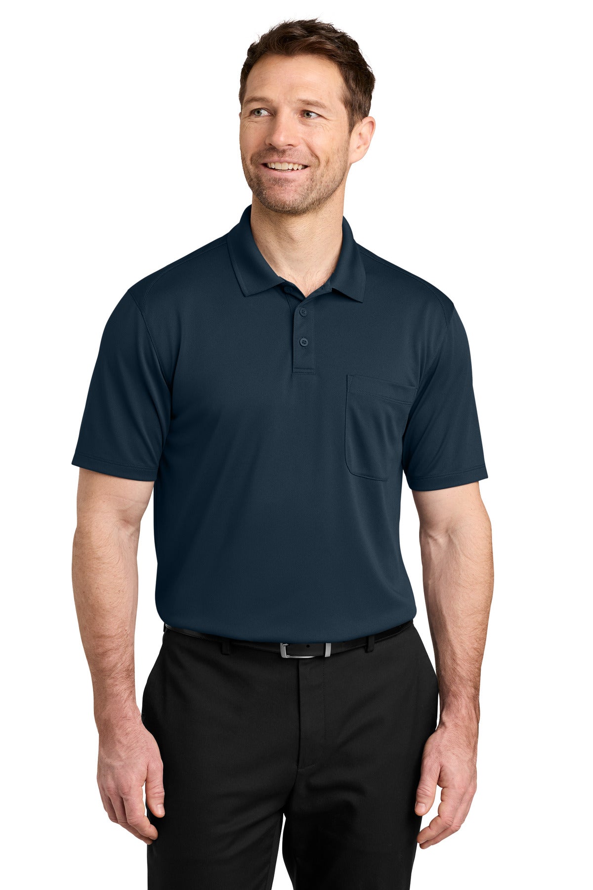 Custom River Blue Navy Wearever Performance Pique Pocket Polo K240P, personalized by SanCanDo Swag in Argyle, TX