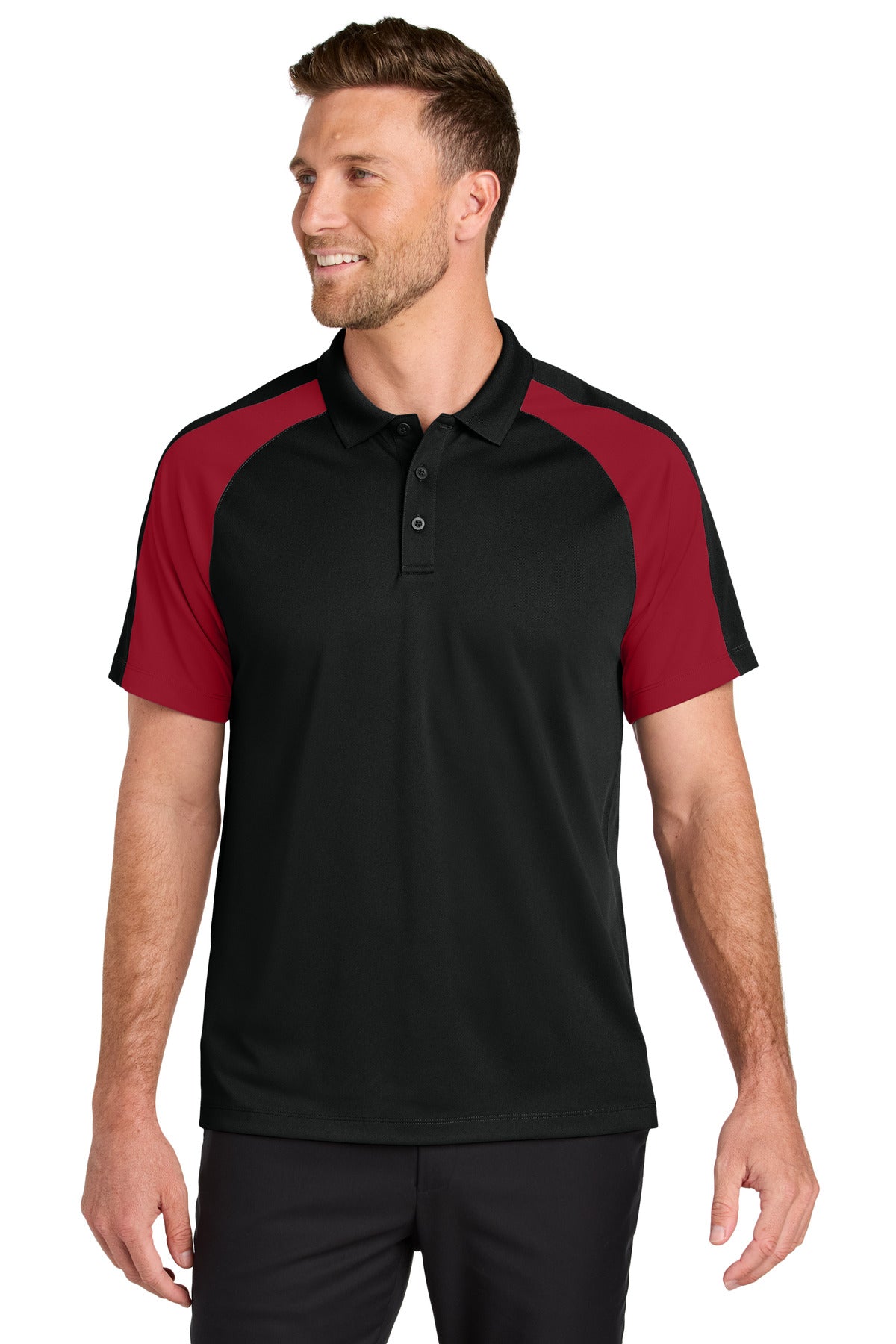 Custom Deep Black/ Rich Red Wearever Performance Pique Colorblock Polo K247, personalized by SanCanDo Swag in Argyle, TX