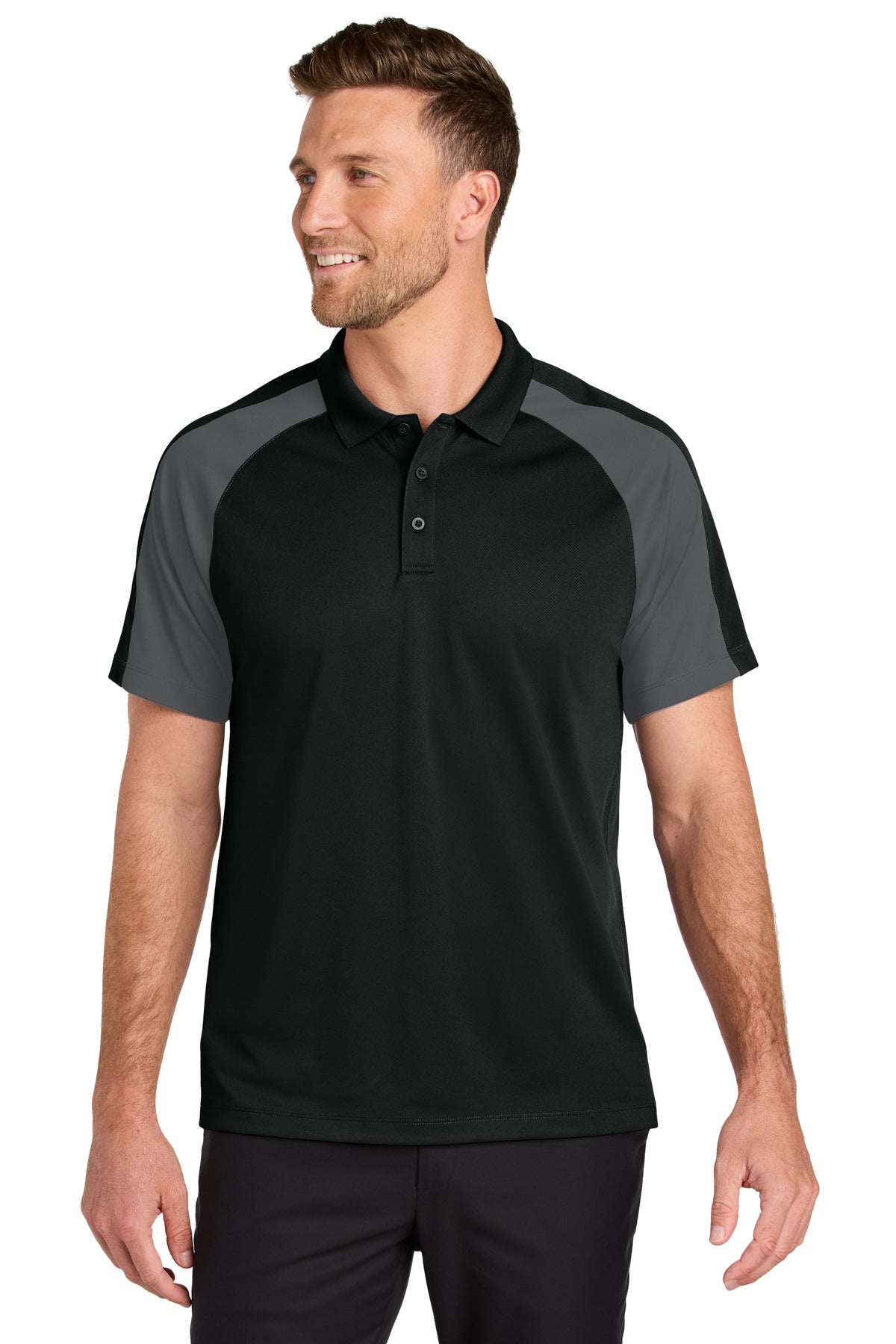 Custom Deep Black/ Storm Grey Wearever Performance Pique Colorblock Polo K247, personalized by SanCanDo Swag in Argyle, TX