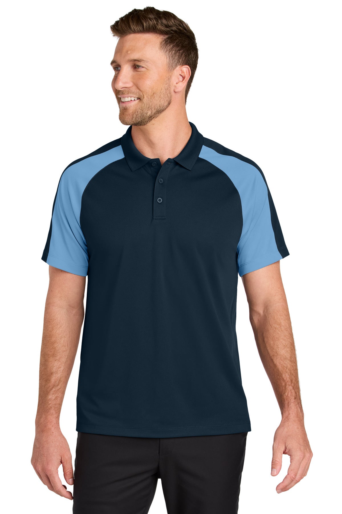 Custom River Blue Navy/ Carolina Blue Wearever Performance Pique Colorblock Polo K247, personalized by SanCanDo Swag in Argyle, TX